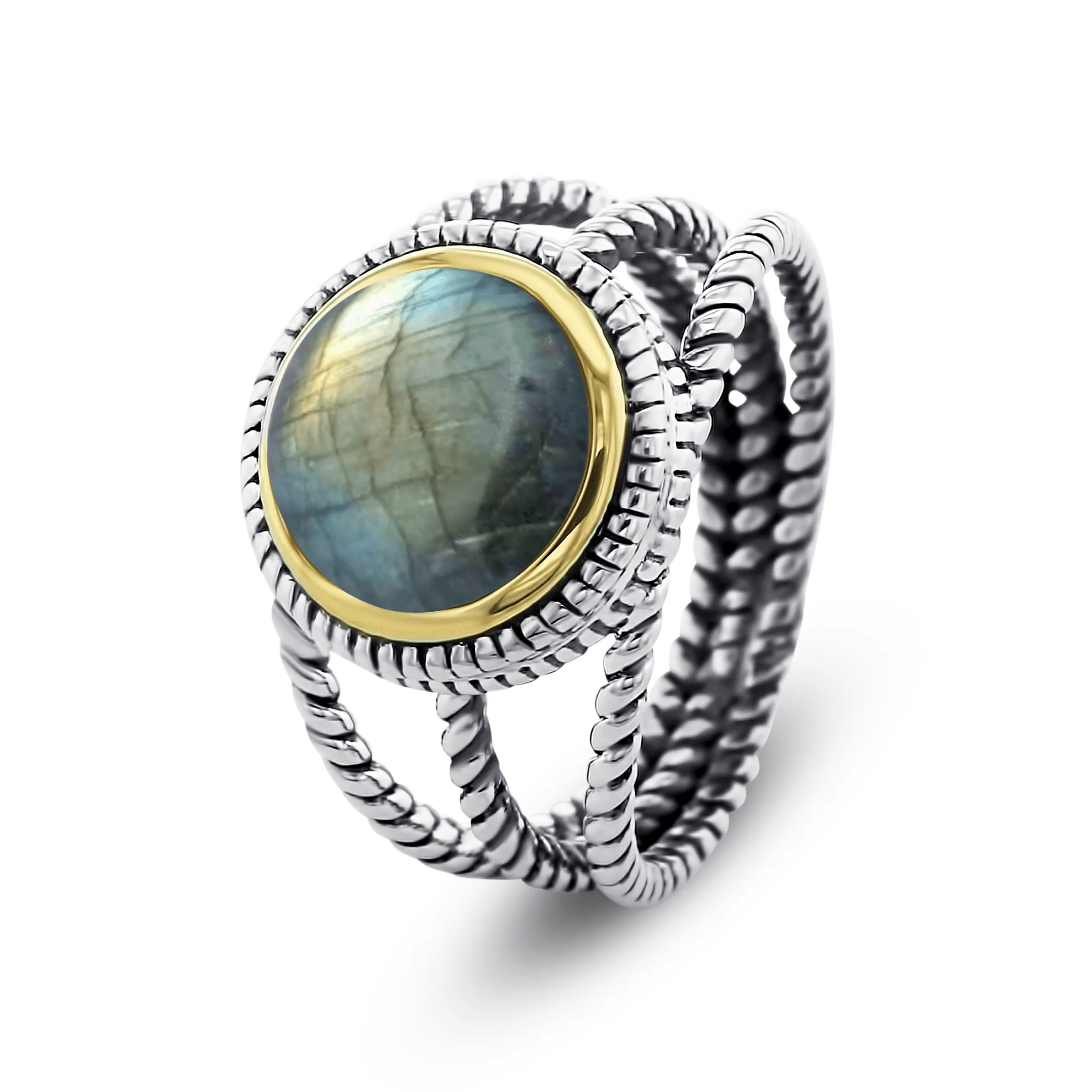 Ring in 925 Silver plated Silver and 18k Yellow Gold assembled with Labradorite