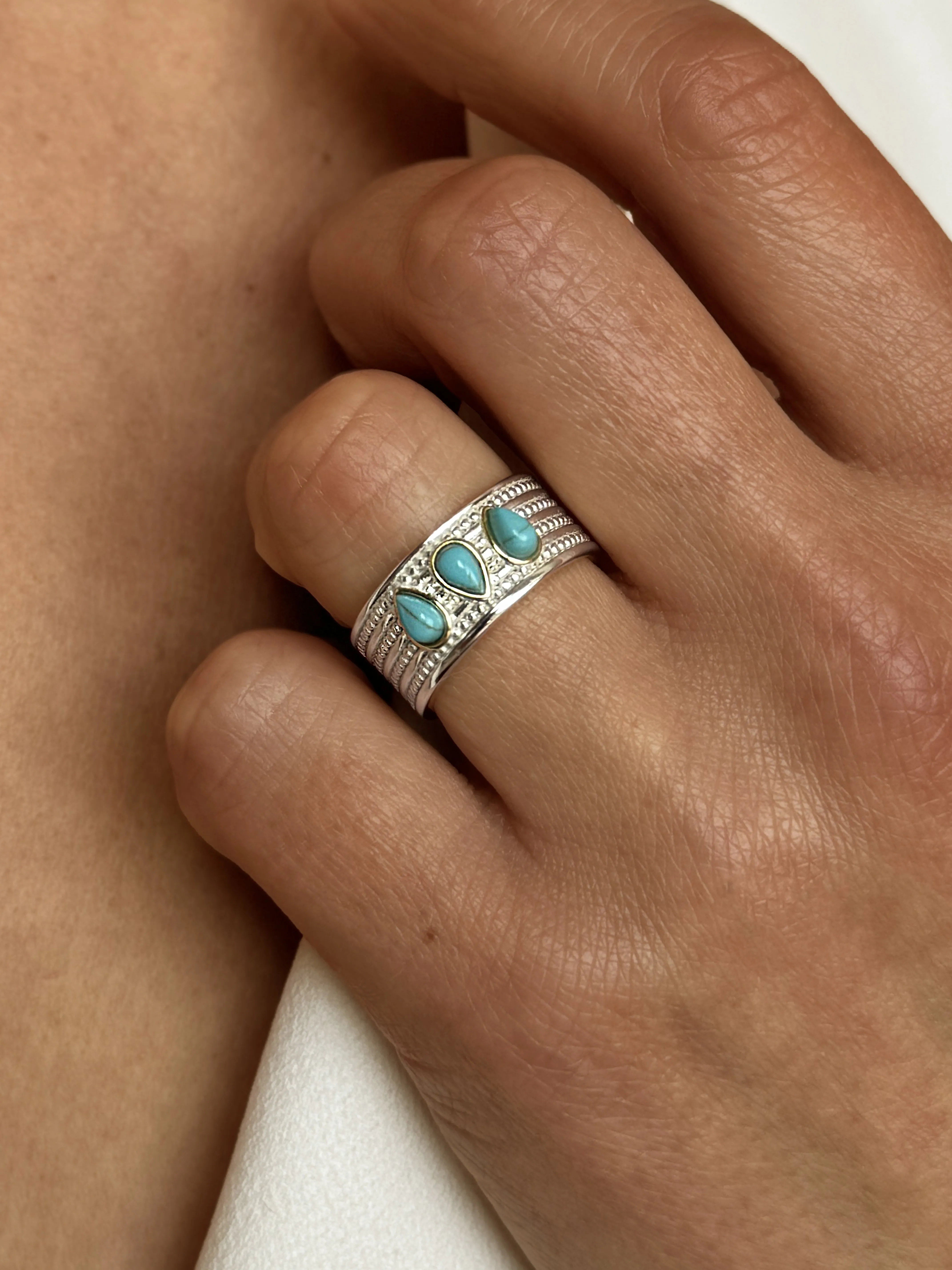 Ring in 925 Silver plated Silver and 18k Yellow Gold assembled with Turquoise