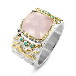 Ring in 925 Silver plated with Silver and 18k Yellow Gold and assembled with Rose Quartz and Emerald Zirconium Oxide