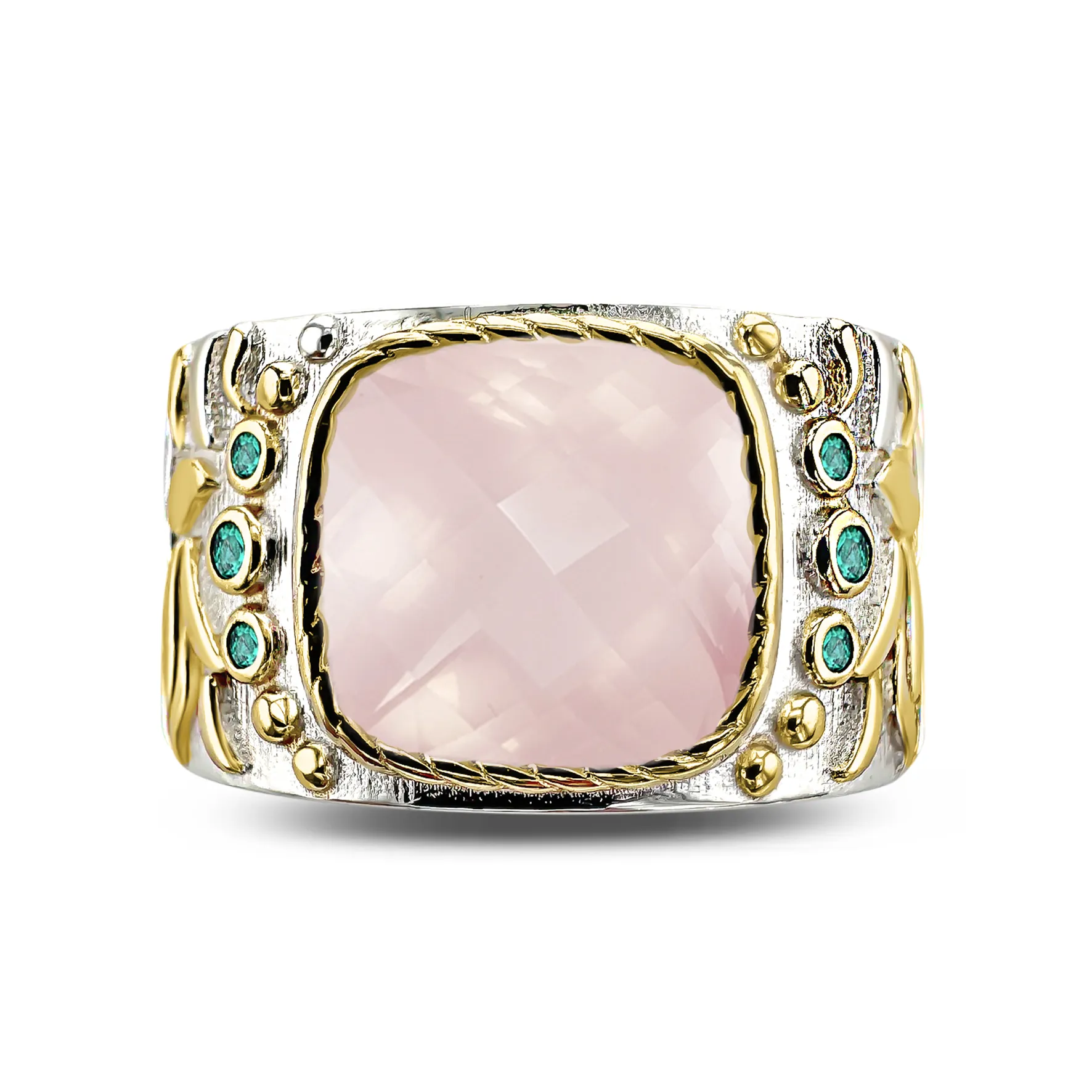 Ring in 925 Silver plated with Silver and 18k Yellow Gold and assembled with Rose Quartz and Emerald Zirconium Oxide