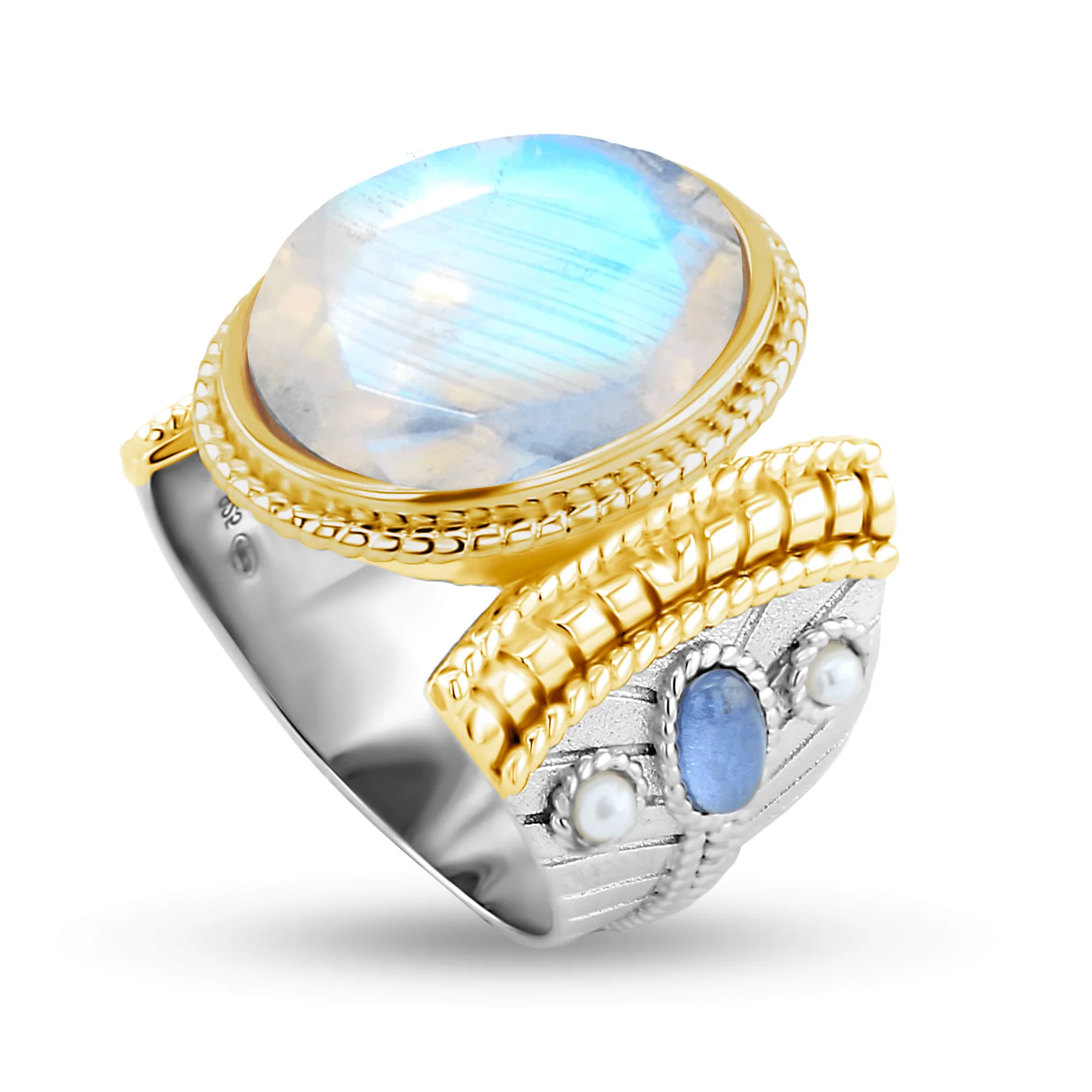 Ring in 925 Silver plated with Silver and 18k Yellow Gold assembled with Faceted Moonstone, White Pearl and Tanzanite Zirconium Oxide
