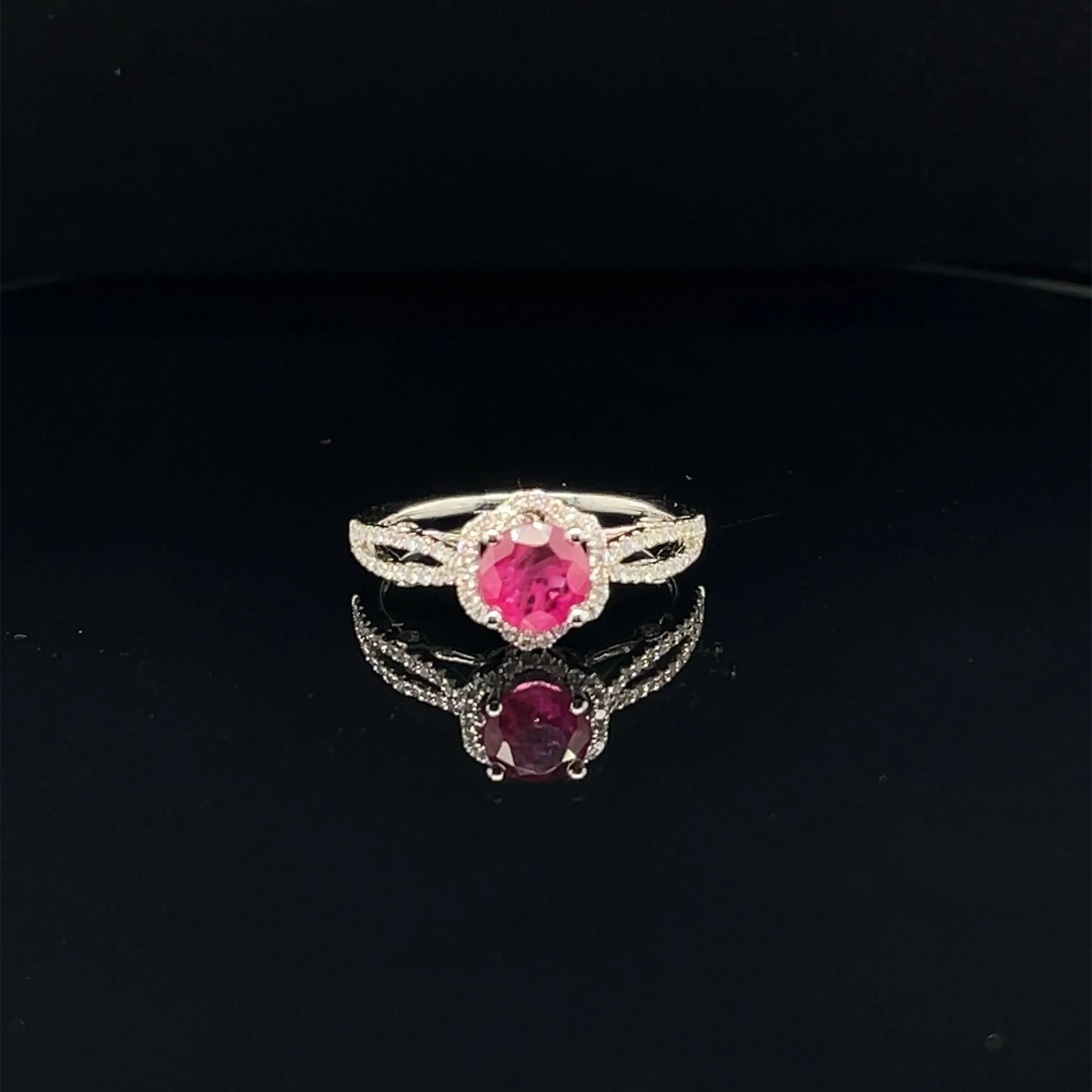 Ruby & Diamond Halo Entwined Split Shank Engagement Ring - (#104-RGRUB104765)