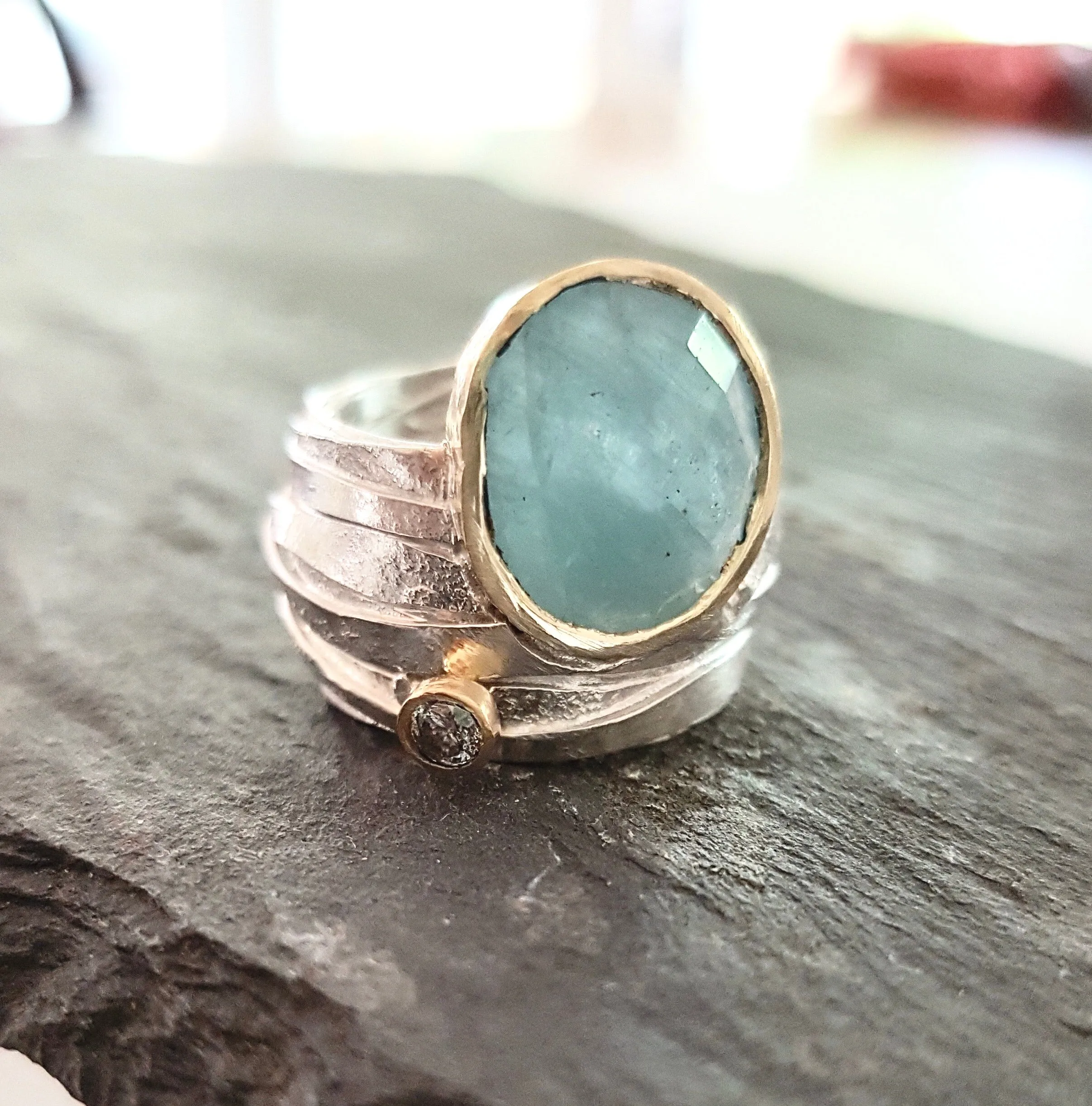 Silver and Gold Wrap Rough Aquamarine Ring