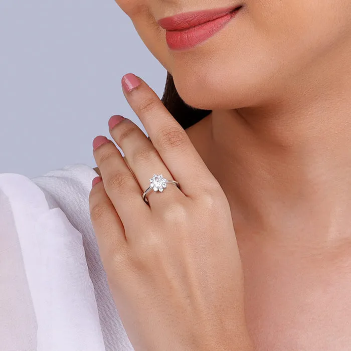 Silver Floral Ellipse Ring