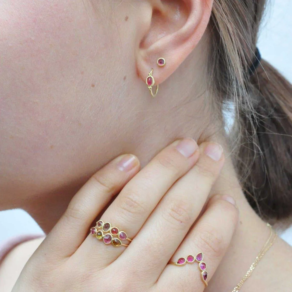 Small Creole Oval Earrings Pink Tourmaline - 18k Gold