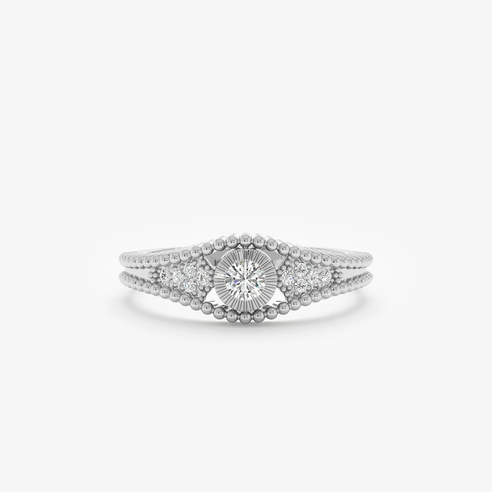 Solid Gold Diamond Ring with Beaded Accents, Ori