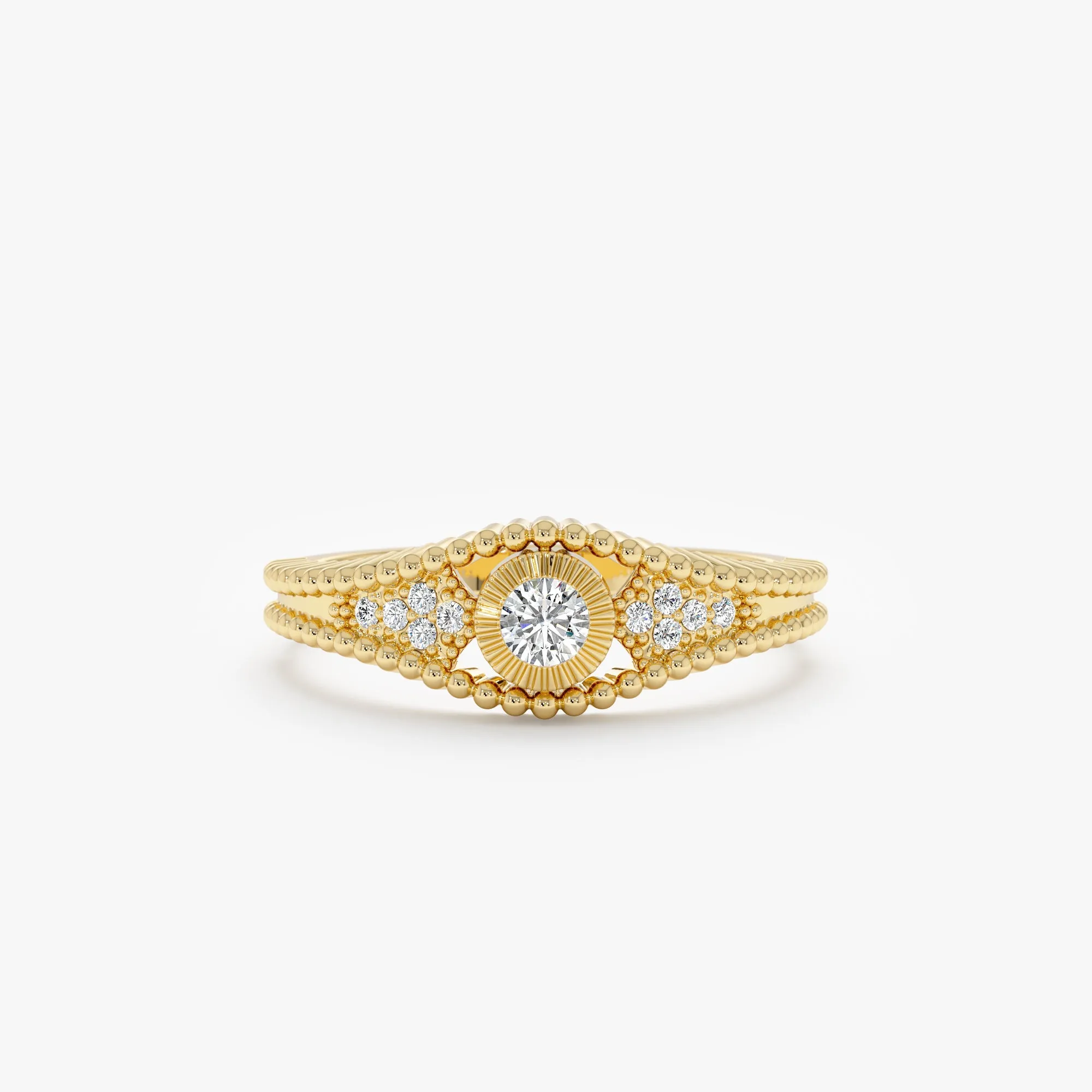 Solid Gold Diamond Ring with Beaded Accents, Ori