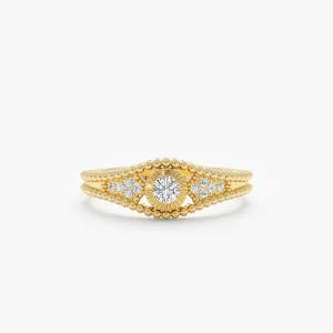Solid Gold Diamond Ring with Beaded Accents, Ori