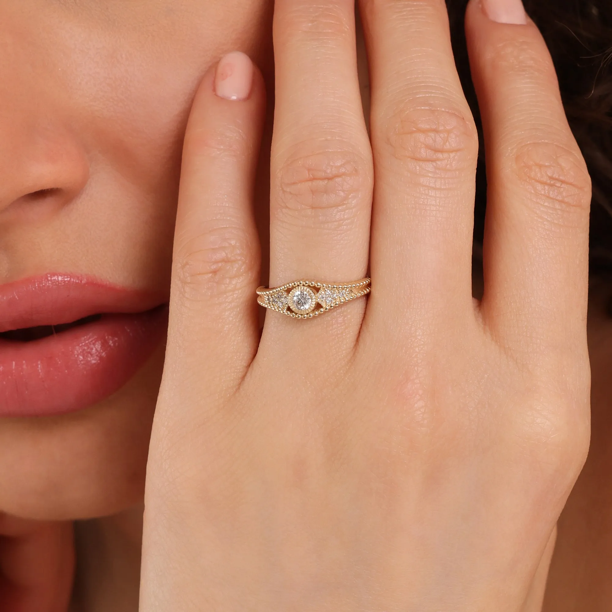 Solid Gold Diamond Ring with Beaded Accents, Ori