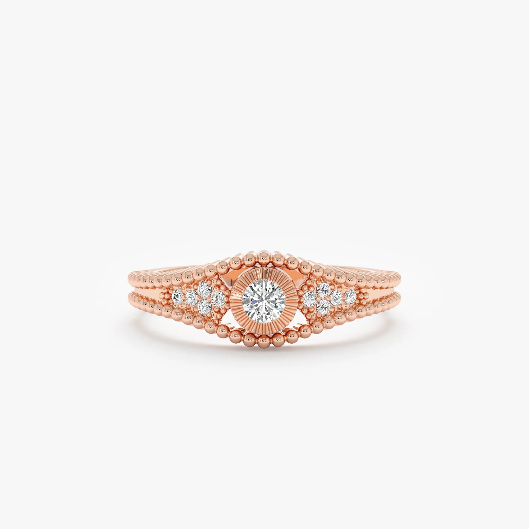 Solid Gold Diamond Ring with Beaded Accents, Ori