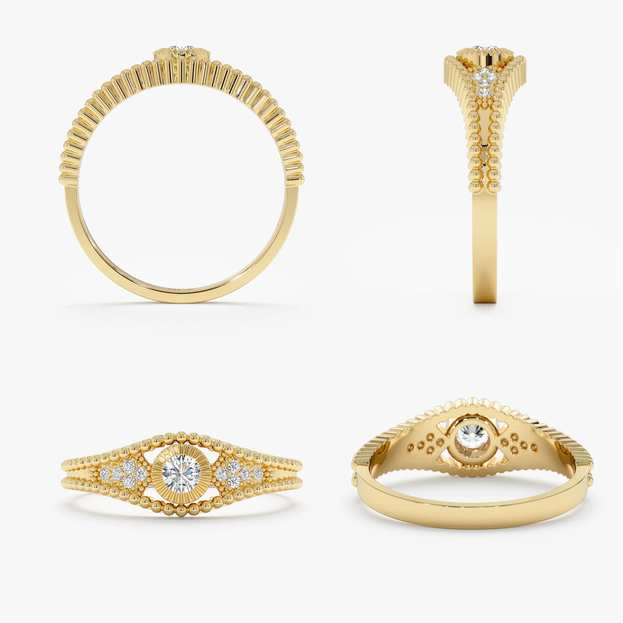 Solid Gold Diamond Ring with Beaded Accents, Ori