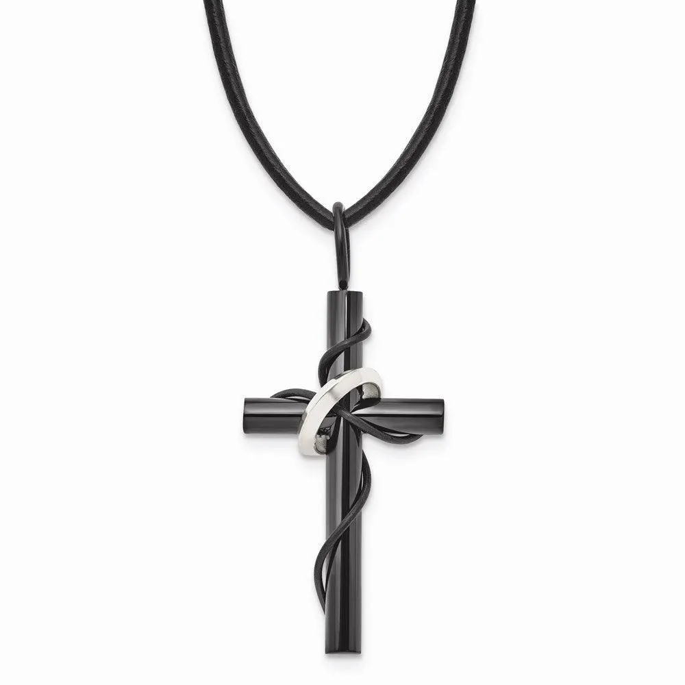 Stainless Steel Polished Black IP-plating Cross Leather Cord Necklace