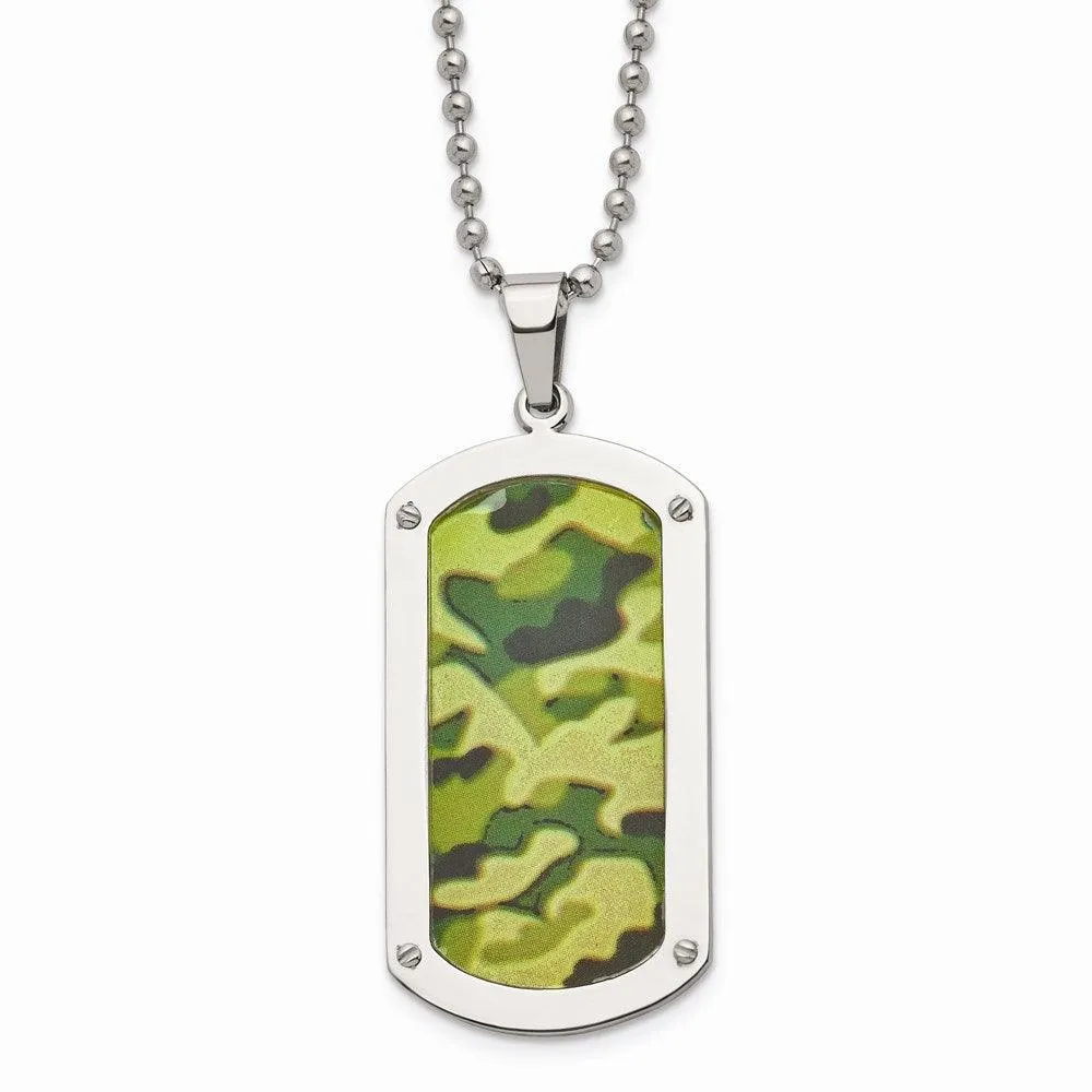Stainless Steel Polished Camouflage Dog Tag Necklace