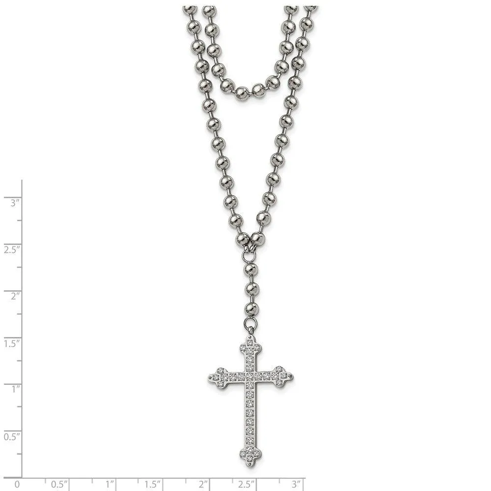 Stainless Steel Polished Cross w/Crystal Two Bead Chain Necklace