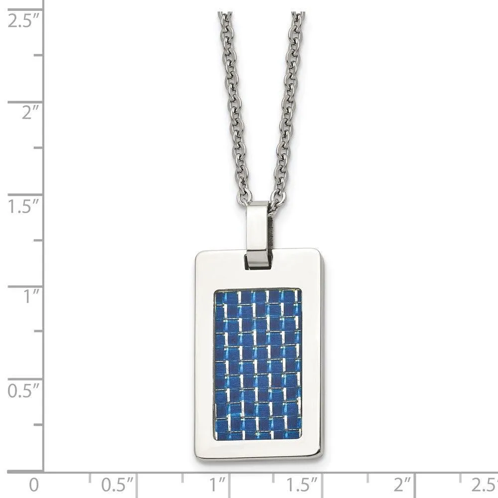 Stainless Steel Polished with Blue Carbon Fiber Inlay Dog Tag Necklace