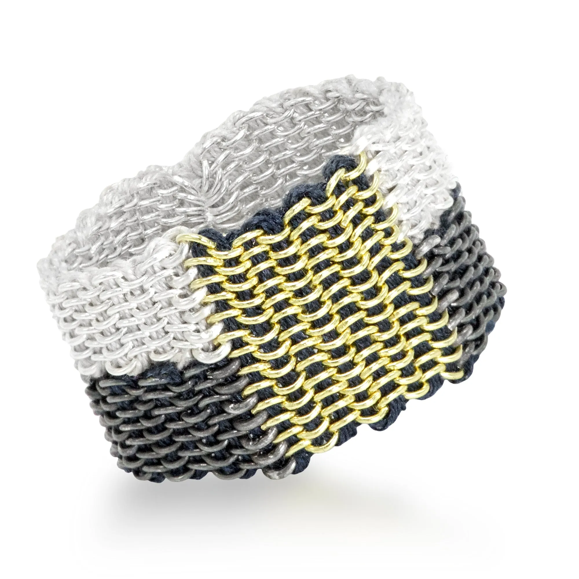 Stephanie Schneider Handwoven Silk Wide Three Tone Silver '3' Ring