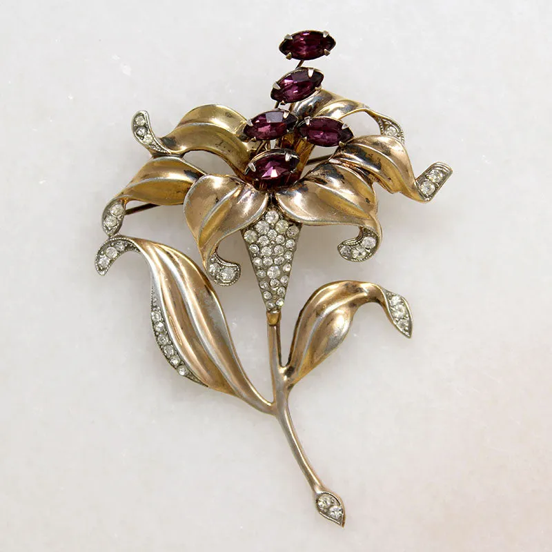 Sterling & Rhinestone Easter Lily Brooch by Trifari