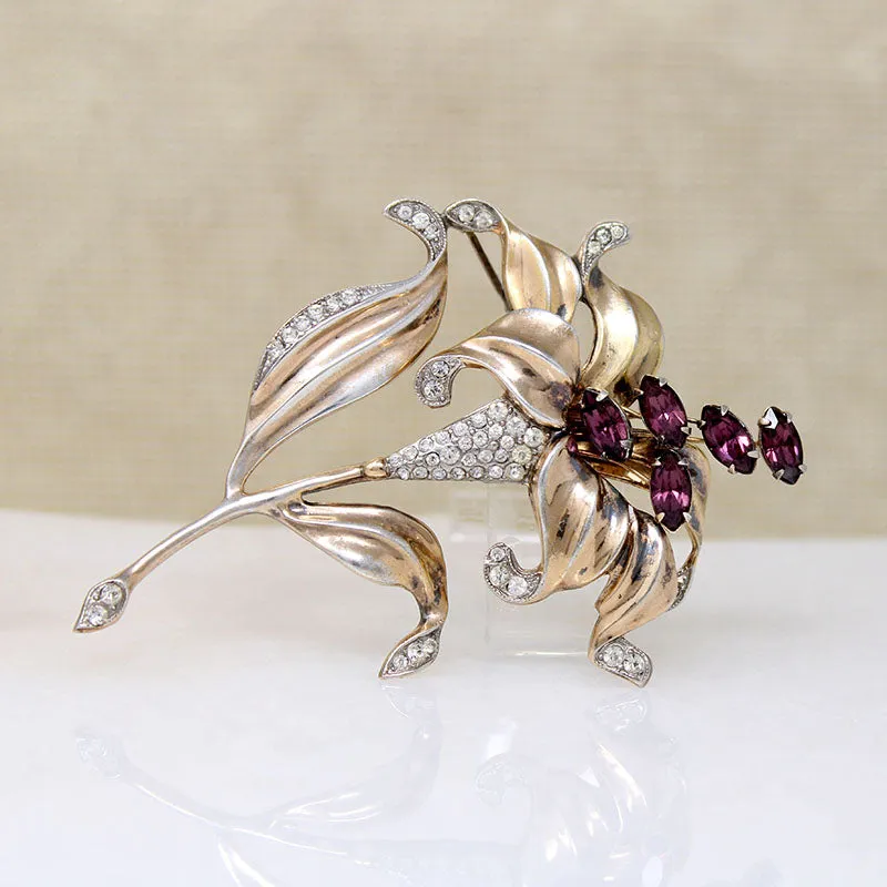 Sterling & Rhinestone Easter Lily Brooch by Trifari