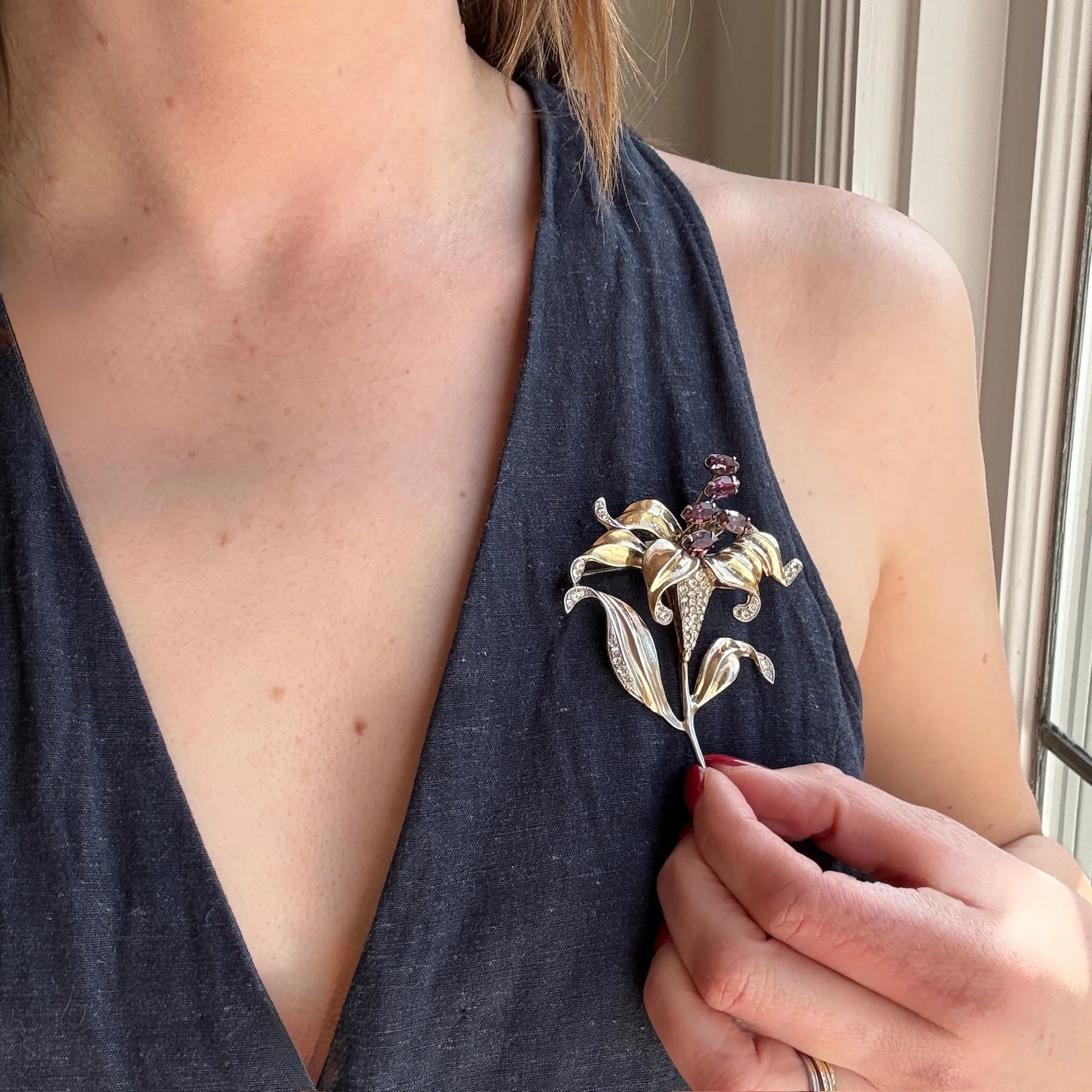 Sterling & Rhinestone Easter Lily Brooch by Trifari