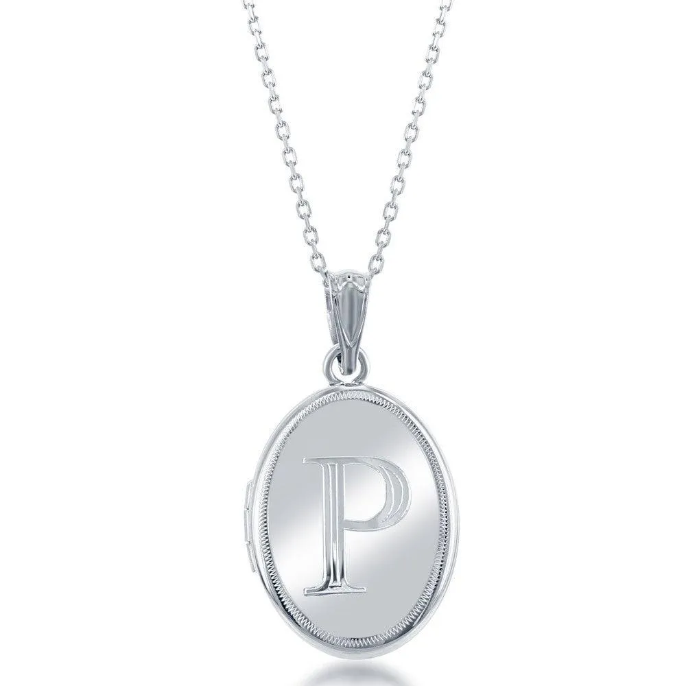 Sterling Silver Center P Initial Oval Locket Chain