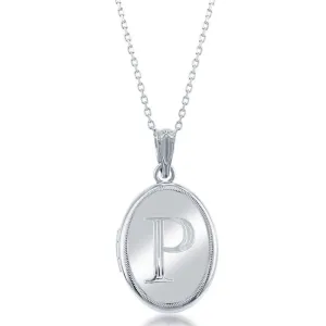 Sterling Silver Center P Initial Oval Locket Chain