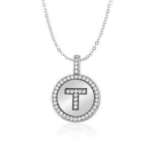 Sterling Silver Micro Pave Circle "T" Pendant with Chain