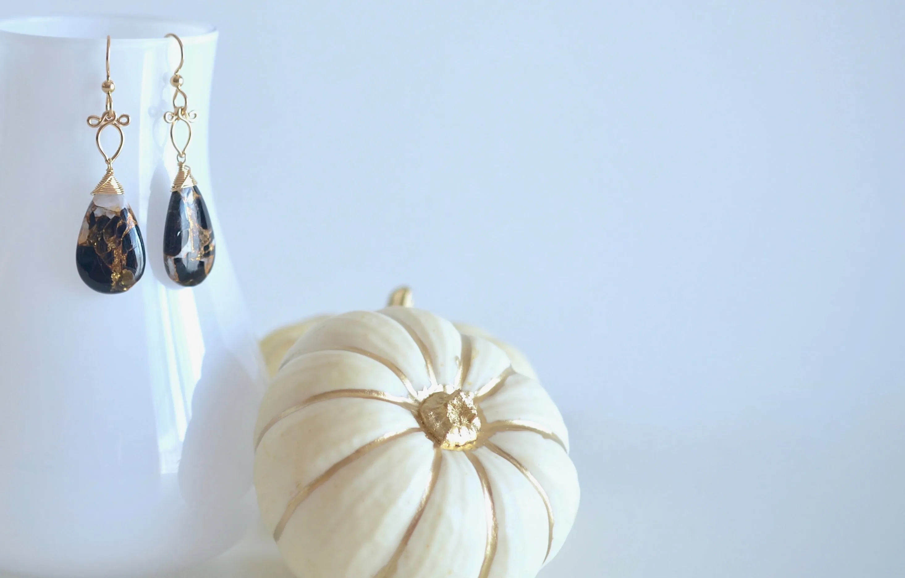 Sunstra - Copper Calcite and Obsidian and 14k Gold Filled Earrings