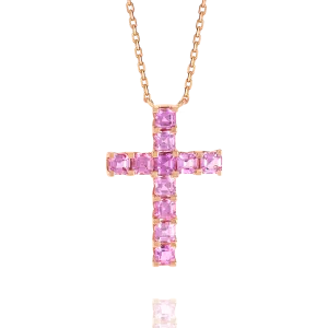 Thin Asscher Pink Sapphire Cross Pendant Rose Gold