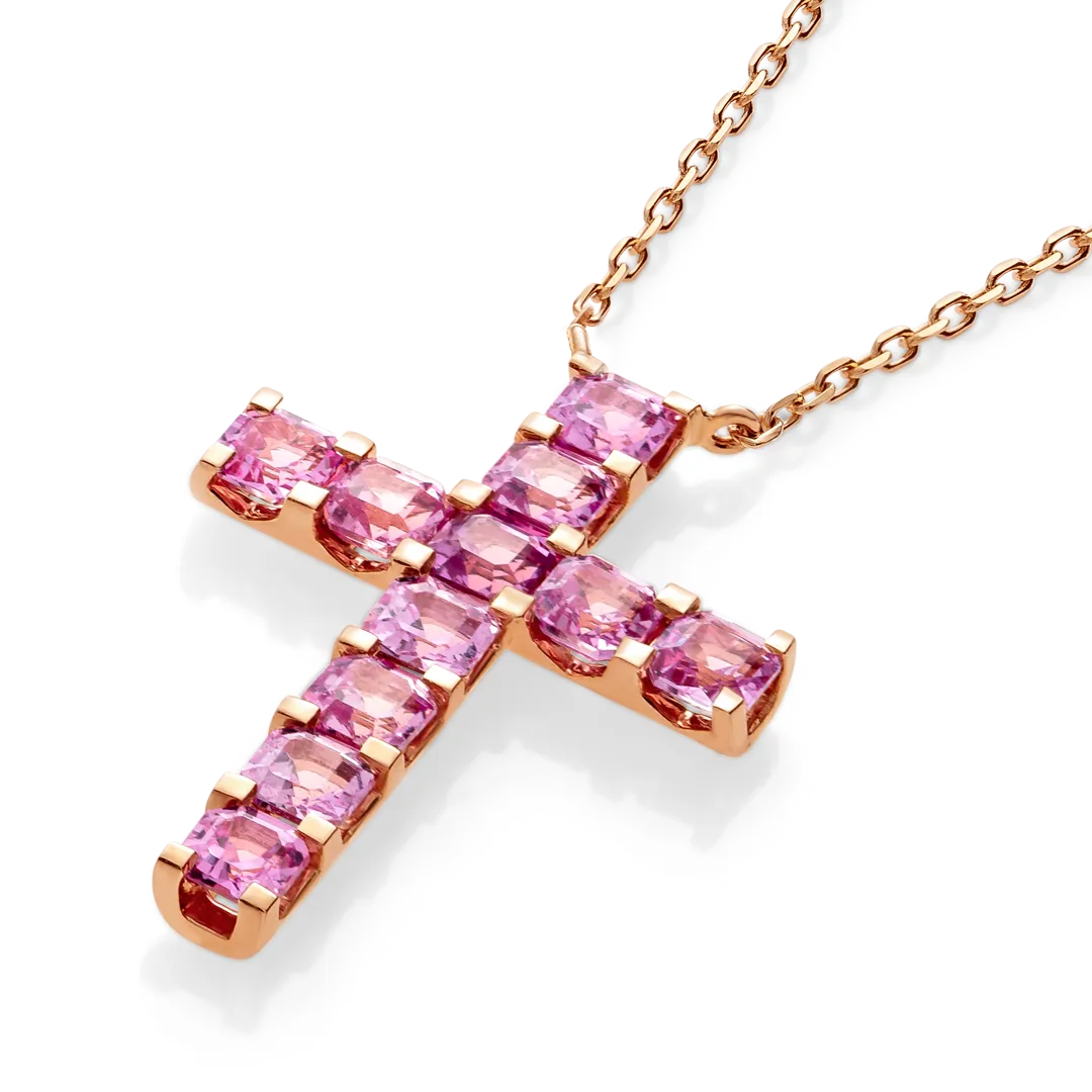 Thin Asscher Pink Sapphire Cross Pendant Rose Gold