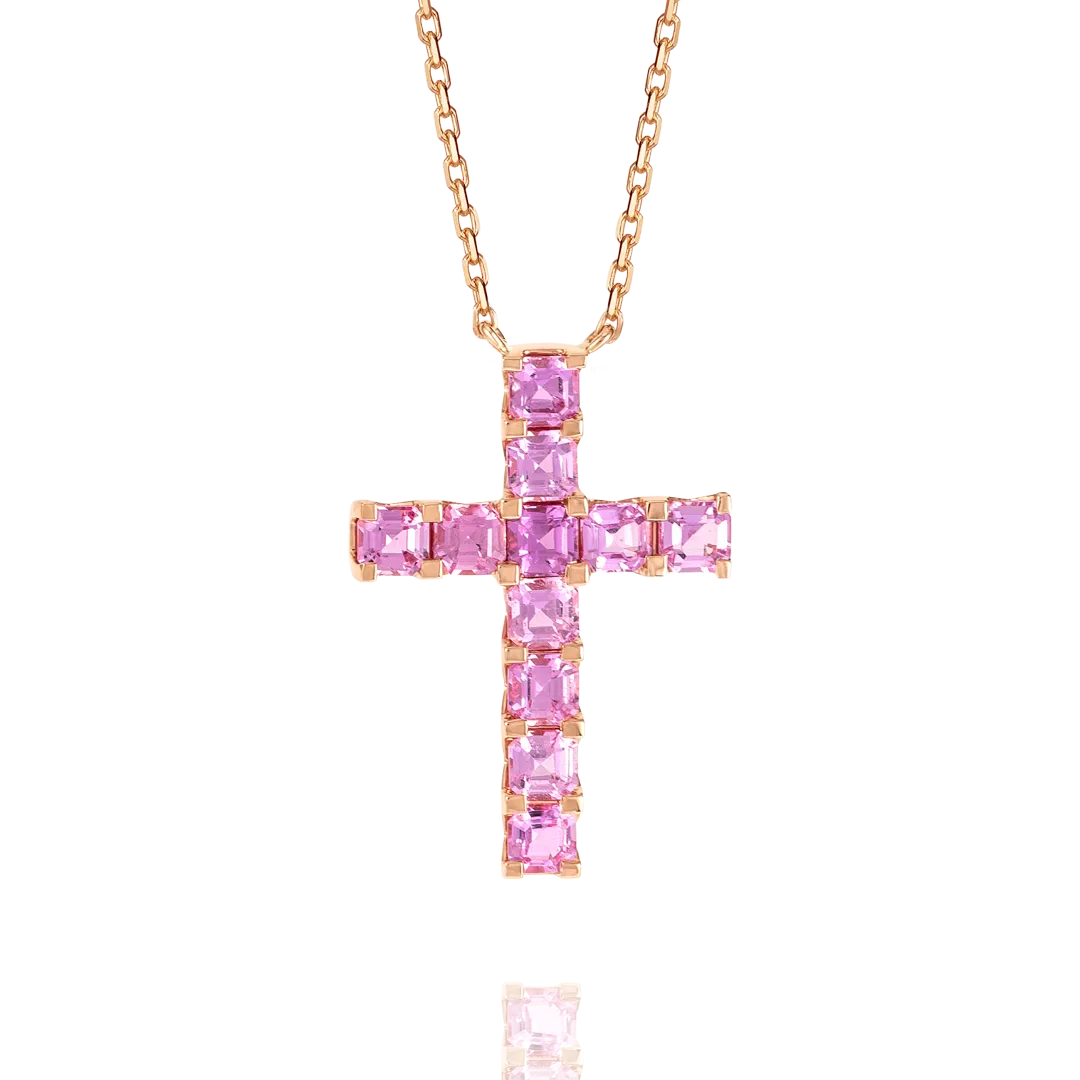 Thin Asscher Pink Sapphire Cross Pendant Rose Gold