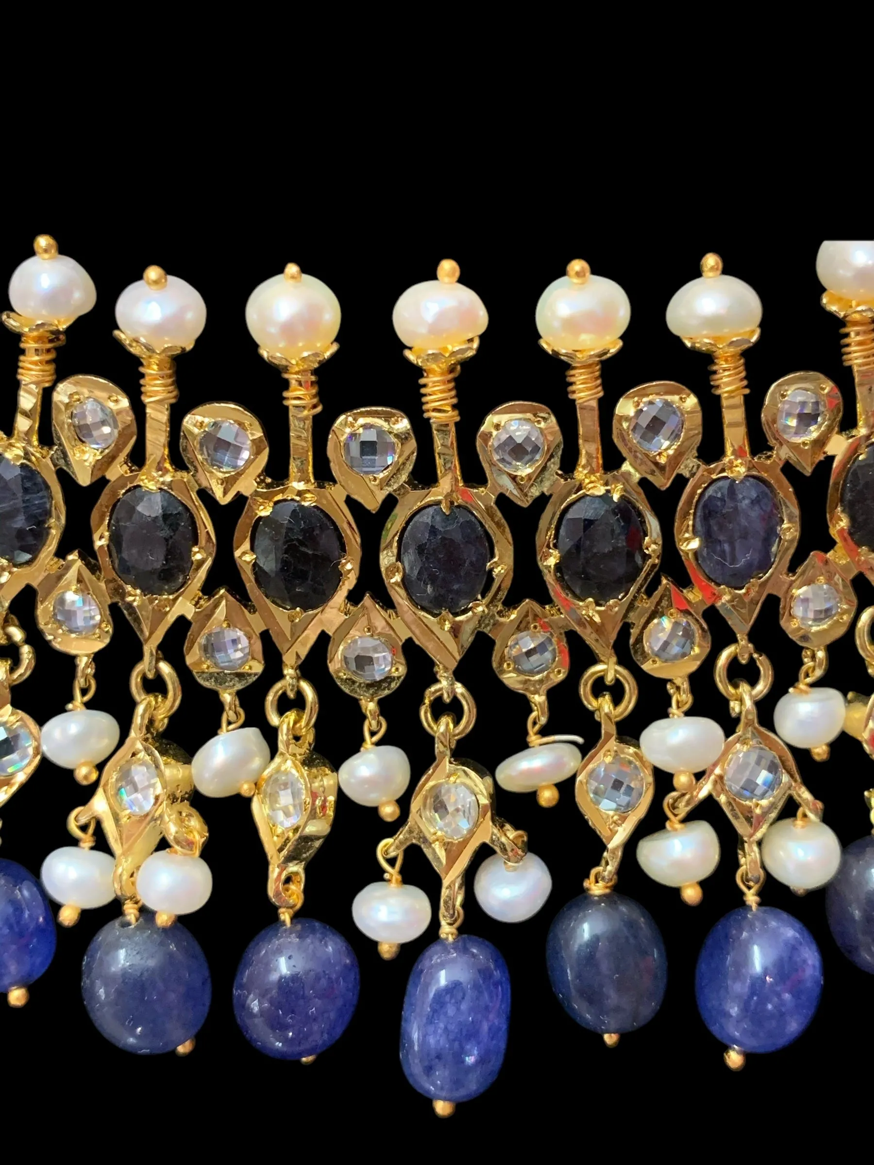 Tirmani Necklace Set with chandbali Earrings ?C 22K Gold-Plated Jewelry with Freshwater Pearls and sapphire  ( SHIPS IN 4 WEEKS  )