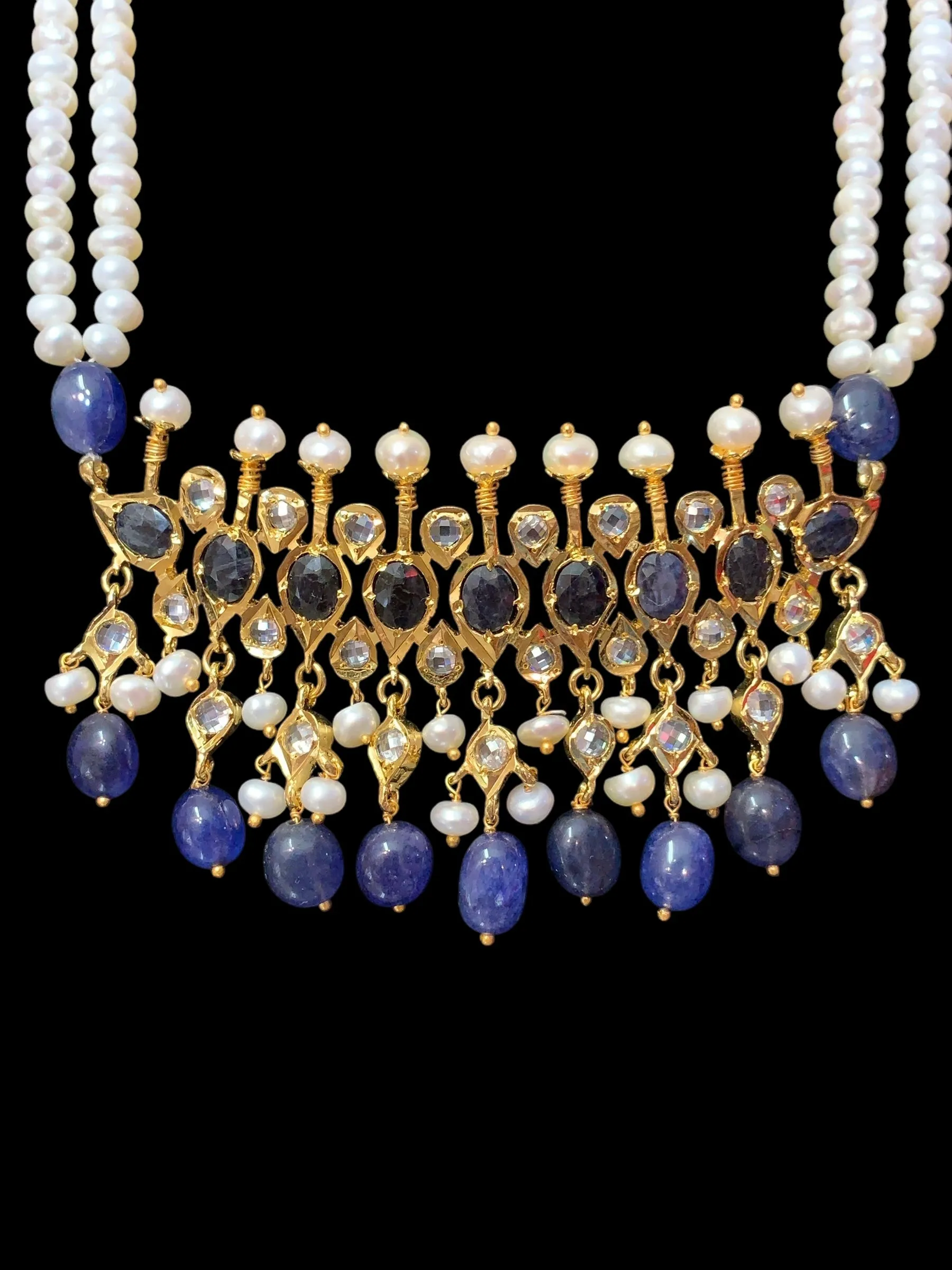 Tirmani Necklace Set with chandbali Earrings ?C 22K Gold-Plated Jewelry with Freshwater Pearls and sapphire  ( SHIPS IN 4 WEEKS  )
