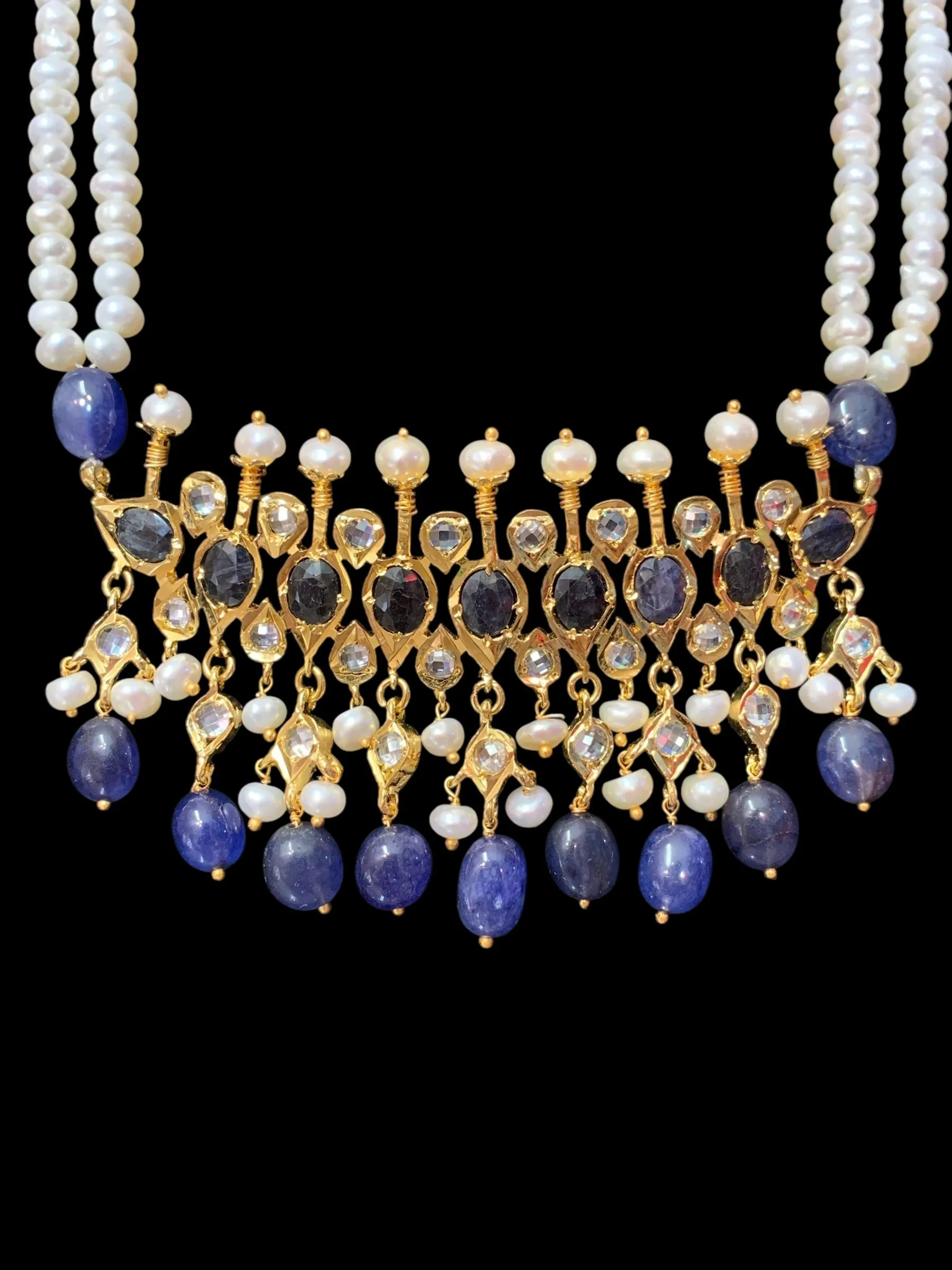 Tirmani Necklace Set with chandbali Earrings ?C 22K Gold-Plated Jewelry with Freshwater Pearls and sapphire  ( SHIPS IN 4 WEEKS  )