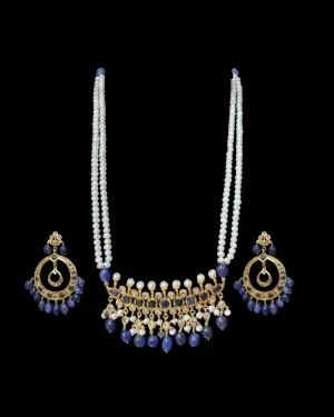 Tirmani Necklace Set with chandbali Earrings ?C 22K Gold-Plated Jewelry with Freshwater Pearls and sapphire  ( SHIPS IN 4 WEEKS  )