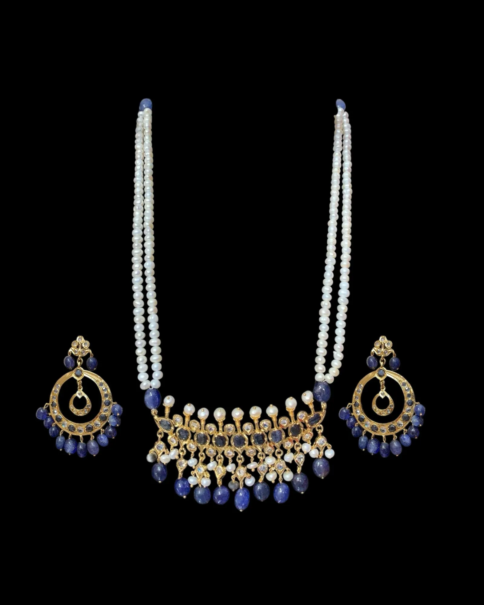 Tirmani Necklace Set with chandbali Earrings ?C 22K Gold-Plated Jewelry with Freshwater Pearls and sapphire  ( SHIPS IN 4 WEEKS  )