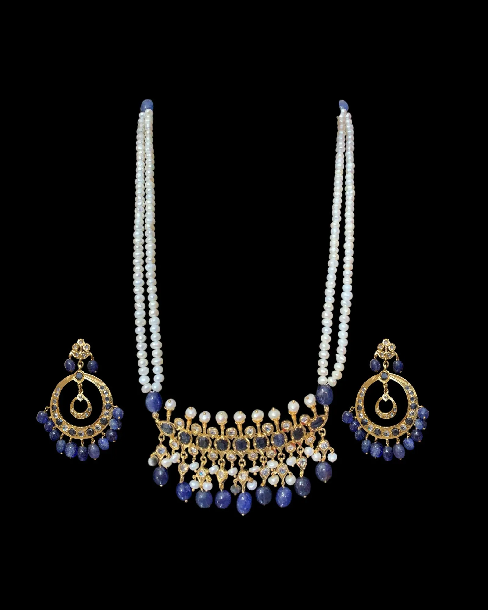 Tirmani Necklace Set with chandbali Earrings ?C 22K Gold-Plated Jewelry with Freshwater Pearls and sapphire  ( SHIPS IN 4 WEEKS  )