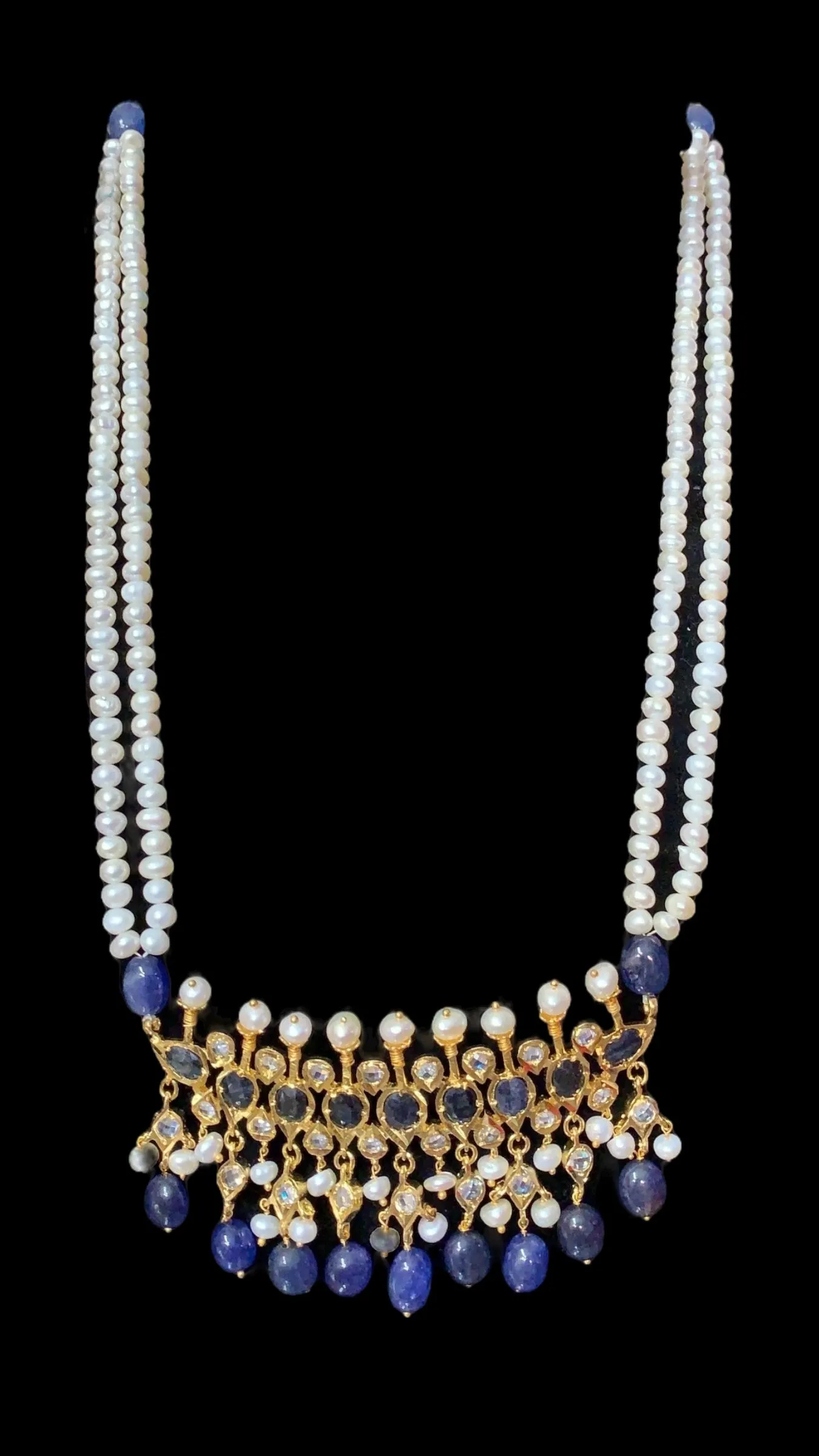 Tirmani Necklace Set with chandbali Earrings ?C 22K Gold-Plated Jewelry with Freshwater Pearls and sapphire  ( SHIPS IN 4 WEEKS  )