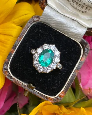 Victorian Emerald and Diamond Platinum Cluster Ring 1.35ct   1.50ct