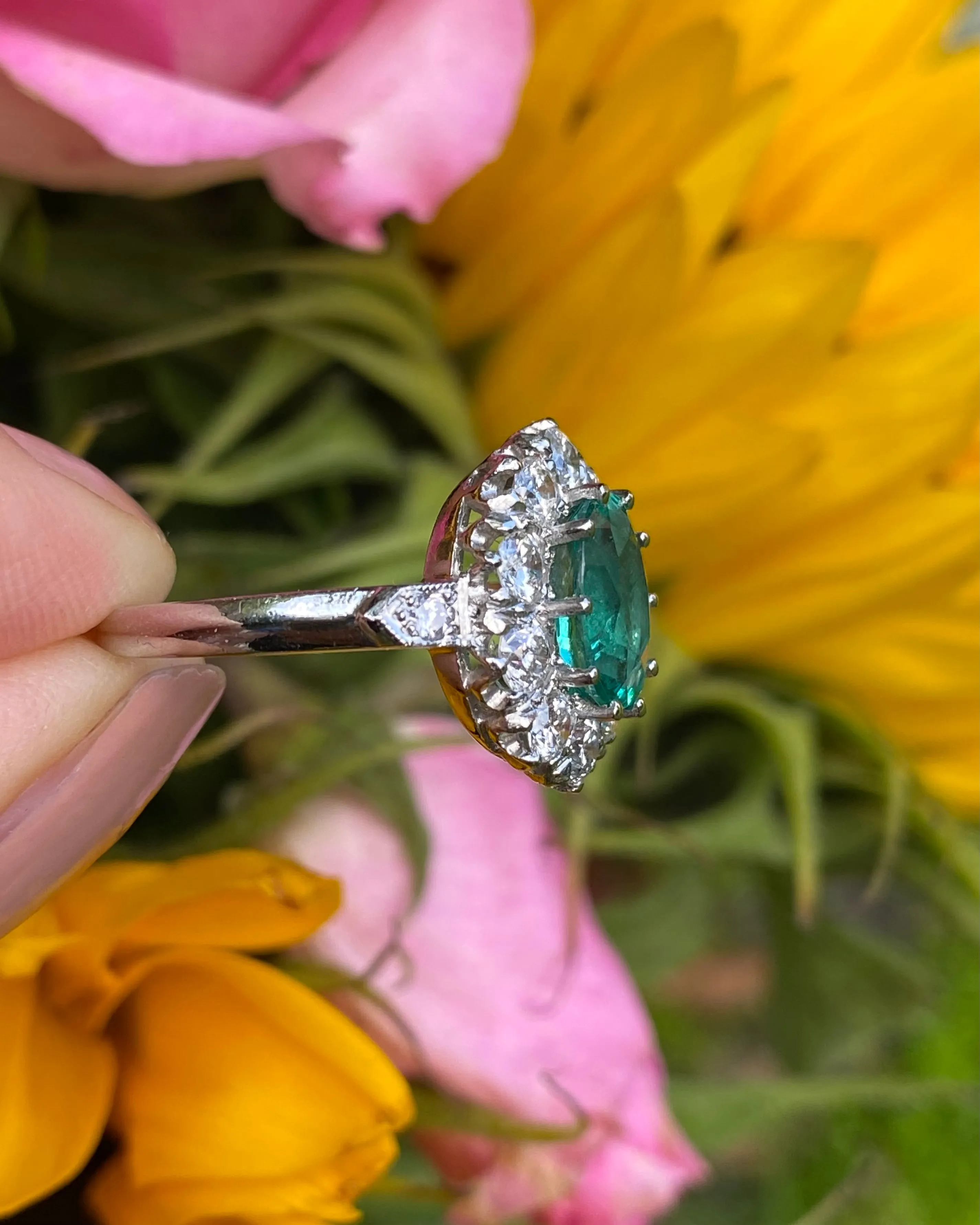 Victorian Emerald and Diamond Platinum Cluster Ring 1.35ct   1.50ct