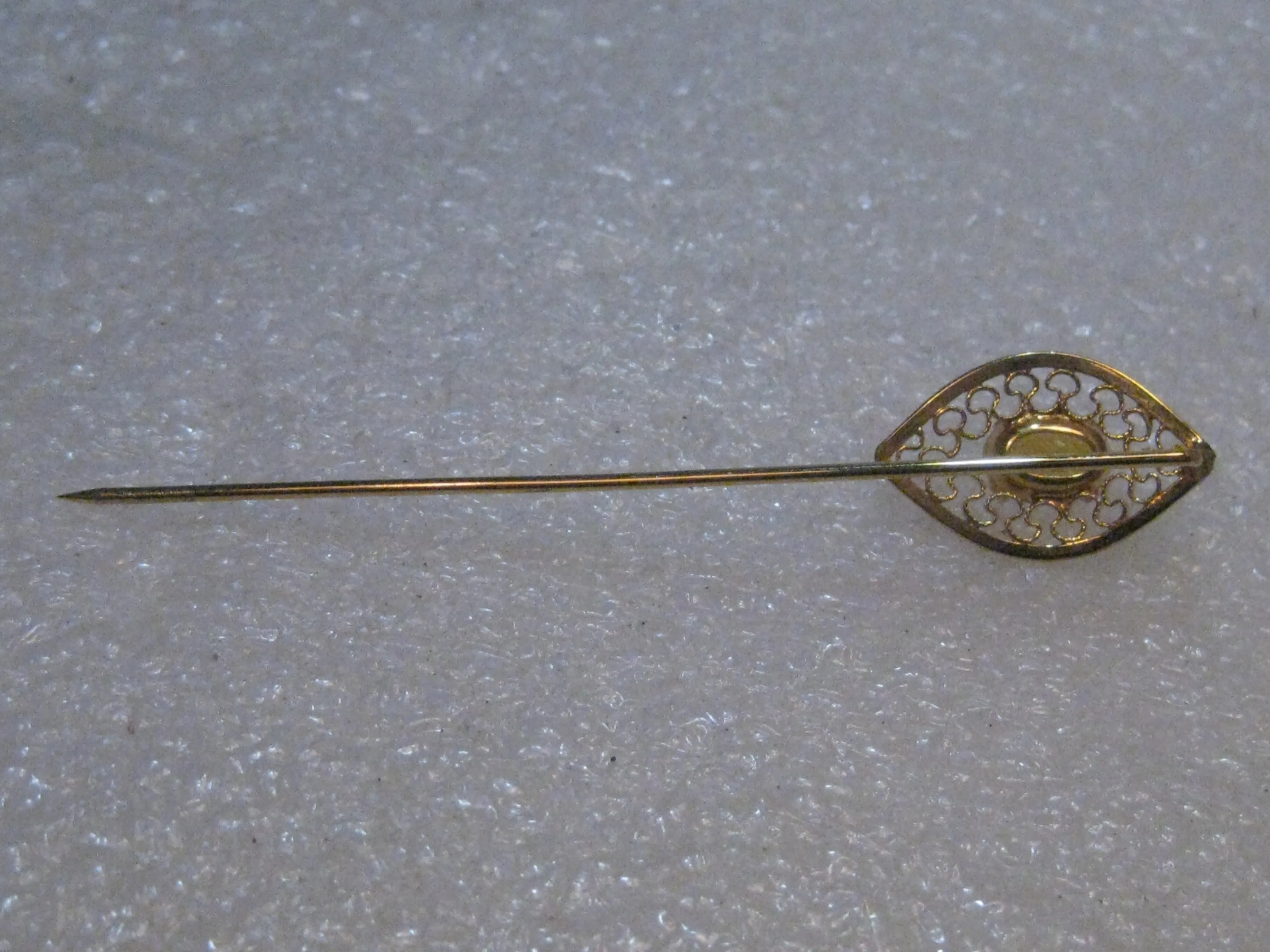 Vintage 14kt Overlay Stick Pin, Yellow Stone, Filigree, In Van Dell Box, 1960's, 2.5"