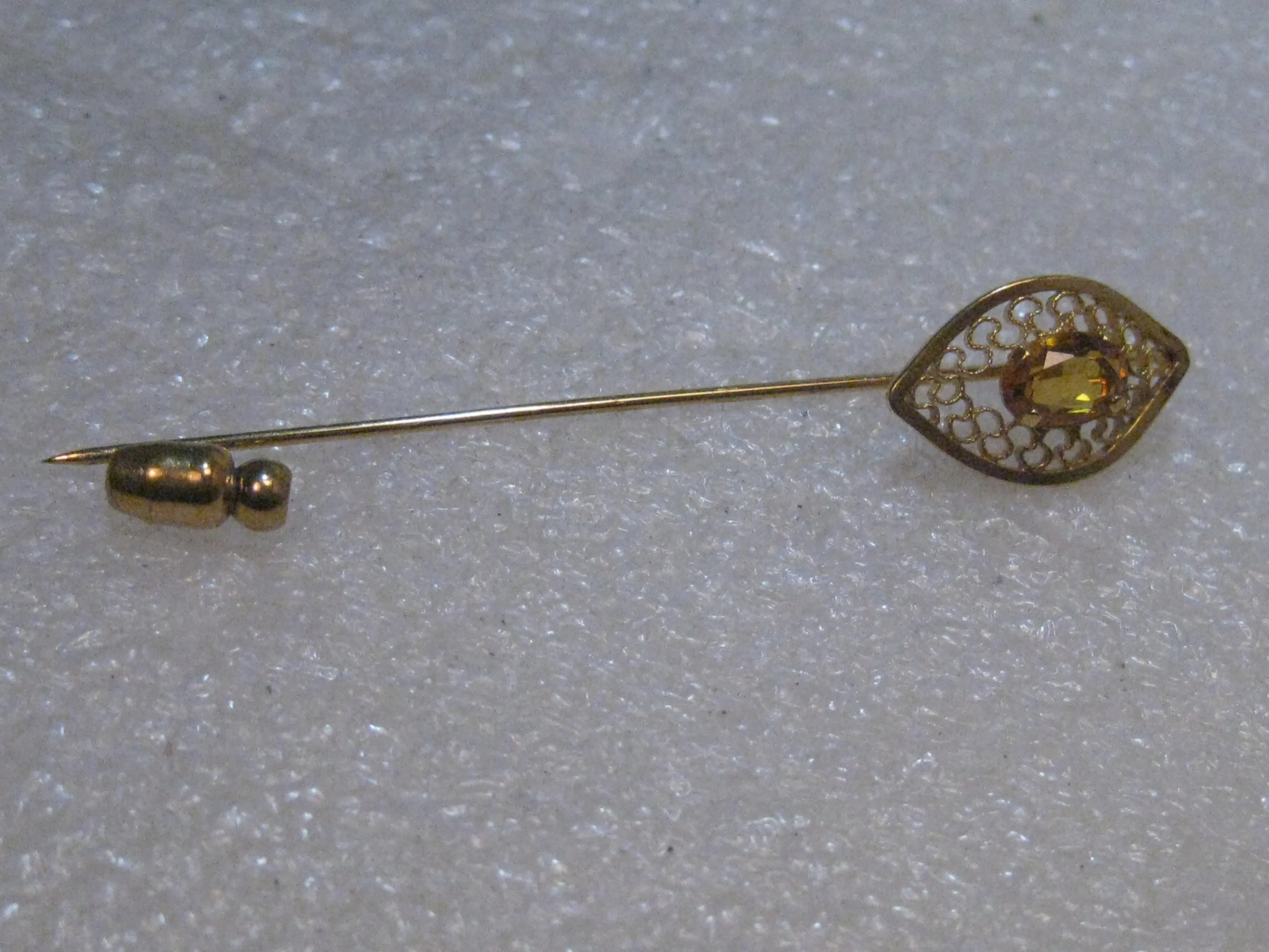 Vintage 14kt Overlay Stick Pin, Yellow Stone, Filigree, In Van Dell Box, 1960's, 2.5"