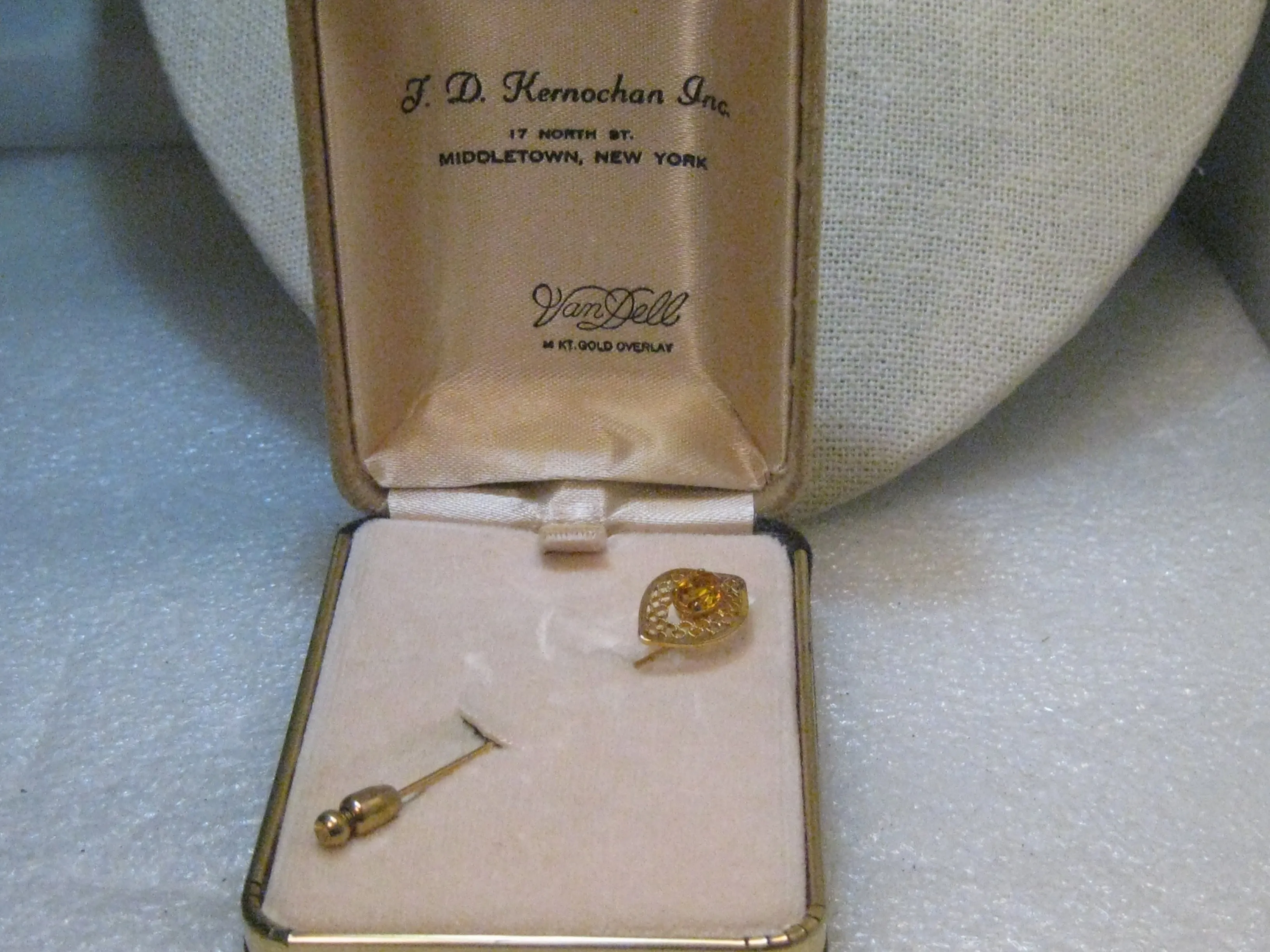 Vintage 14kt Overlay Stick Pin, Yellow Stone, Filigree, In Van Dell Box, 1960's, 2.5"