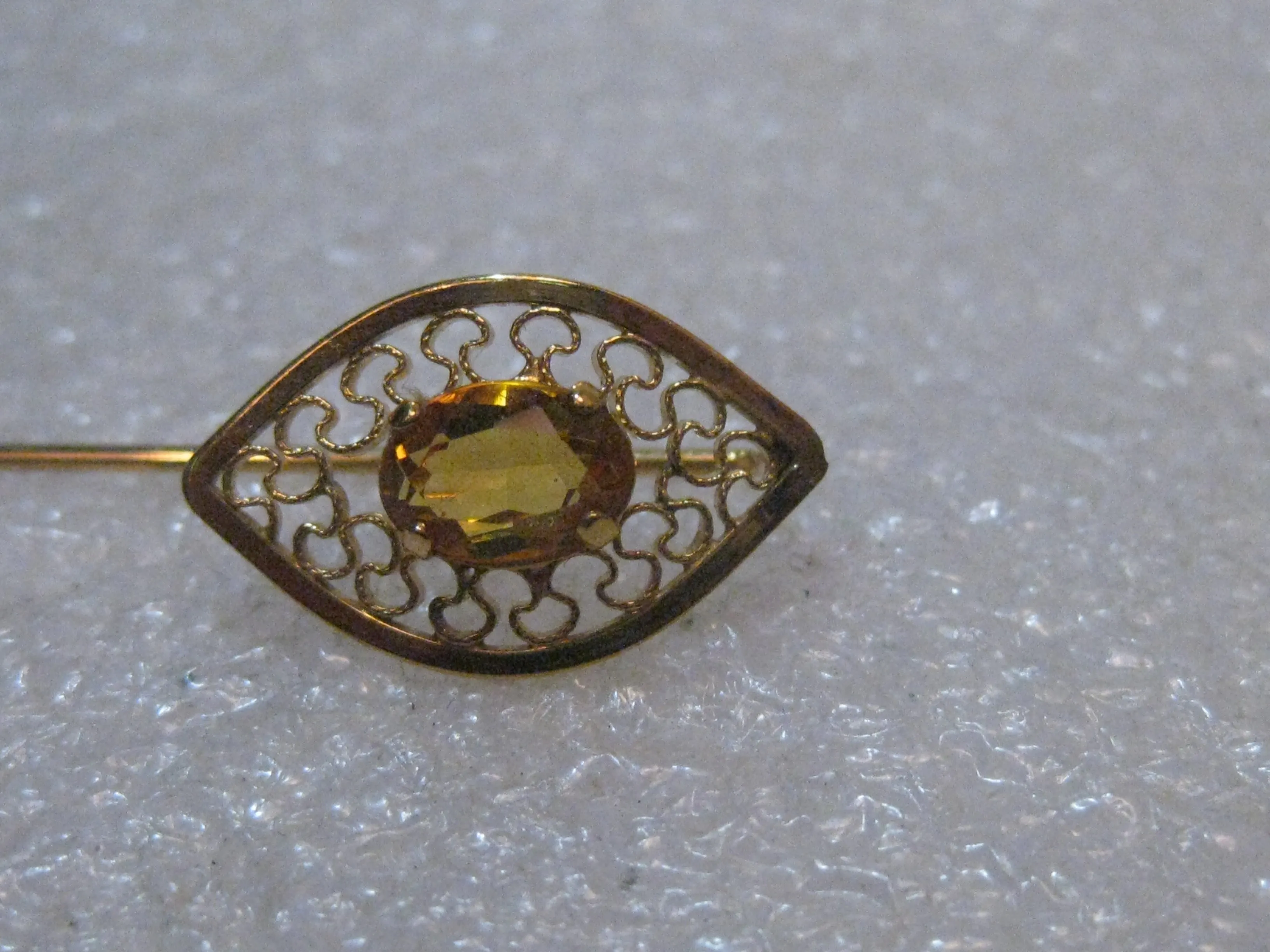 Vintage 14kt Overlay Stick Pin, Yellow Stone, Filigree, In Van Dell Box, 1960's, 2.5"