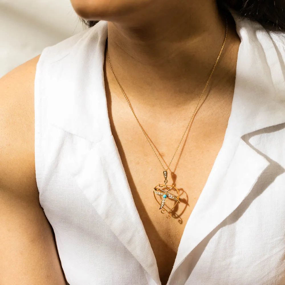 Vintage 15ct Yellow Gold Turquoise & Seed Pearl Heart Pendant