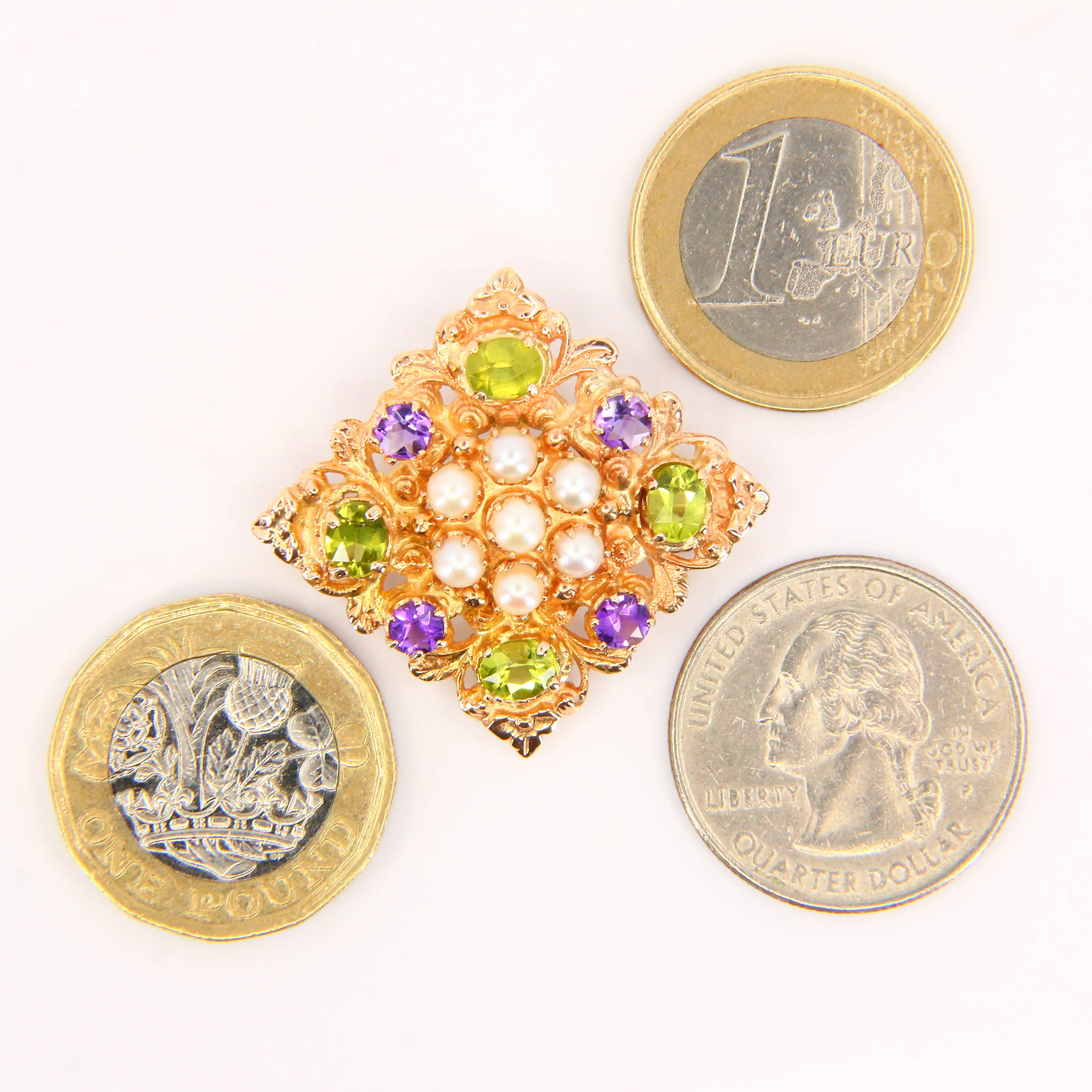 Vintage 9ct Suffragette Brooch Peridot Amethyst & Seed Pearl Hallmarked Yellow Gold Boxed
