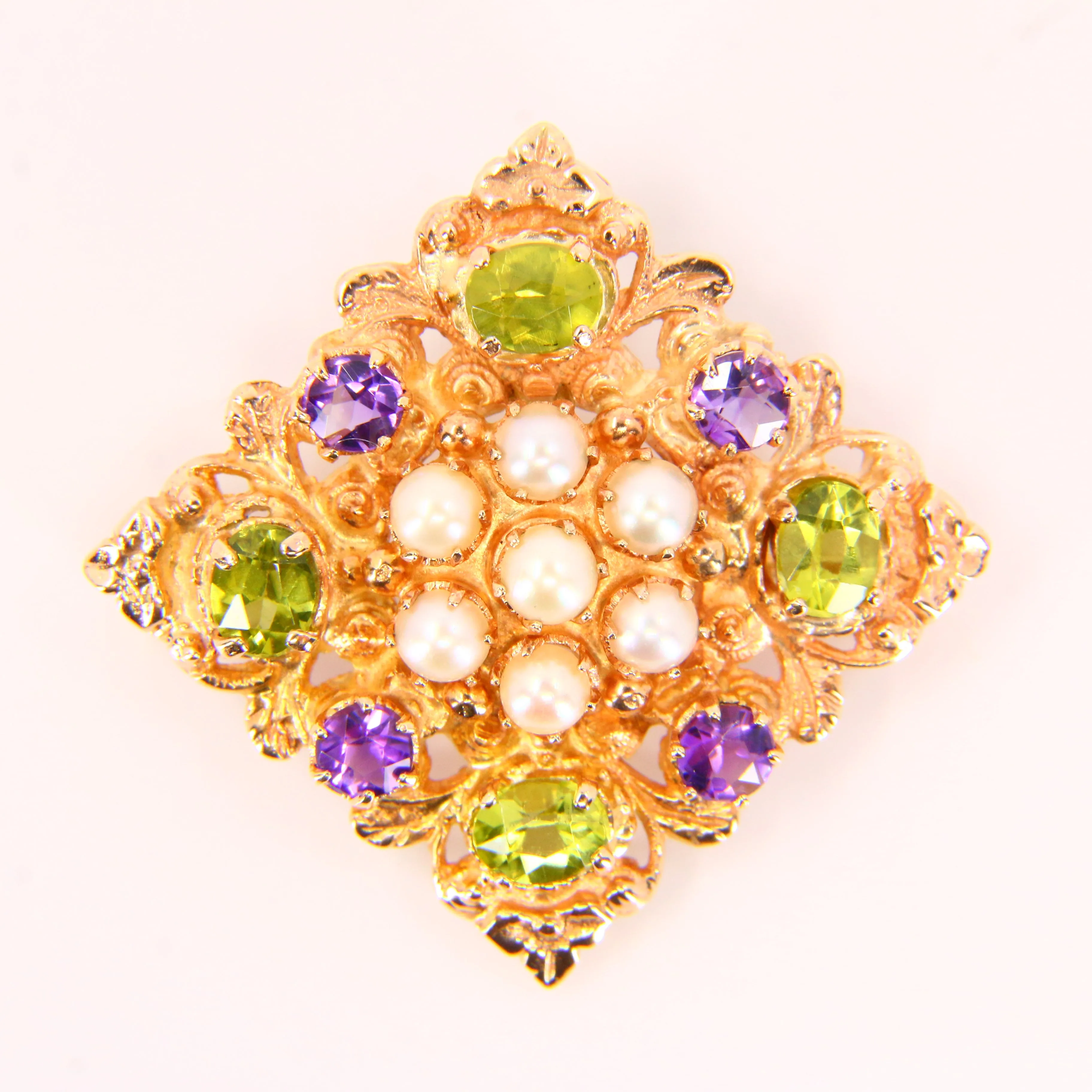 Vintage 9ct Suffragette Brooch Peridot Amethyst & Seed Pearl Hallmarked Yellow Gold Boxed