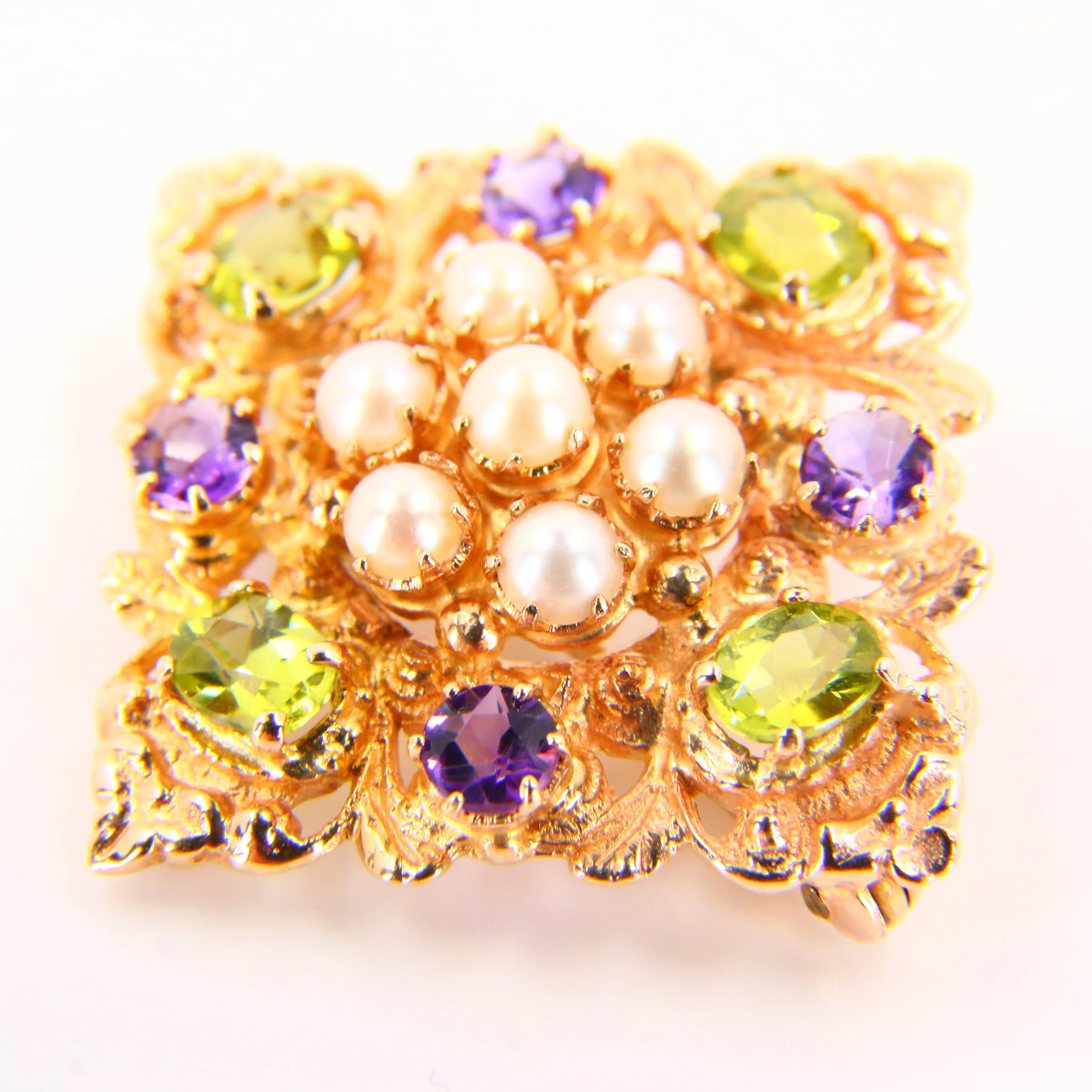 Vintage 9ct Suffragette Brooch Peridot Amethyst & Seed Pearl Hallmarked Yellow Gold Boxed