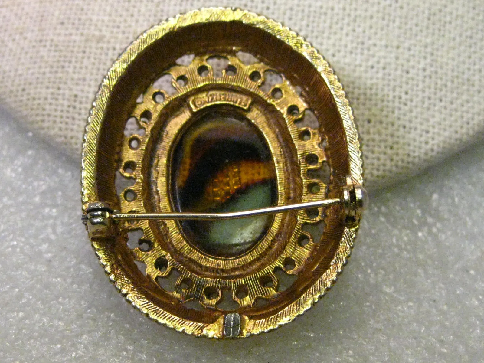 Vintage Amber Brown Glass Brooch, signed Florenza, Mid-Century, Cameo Style