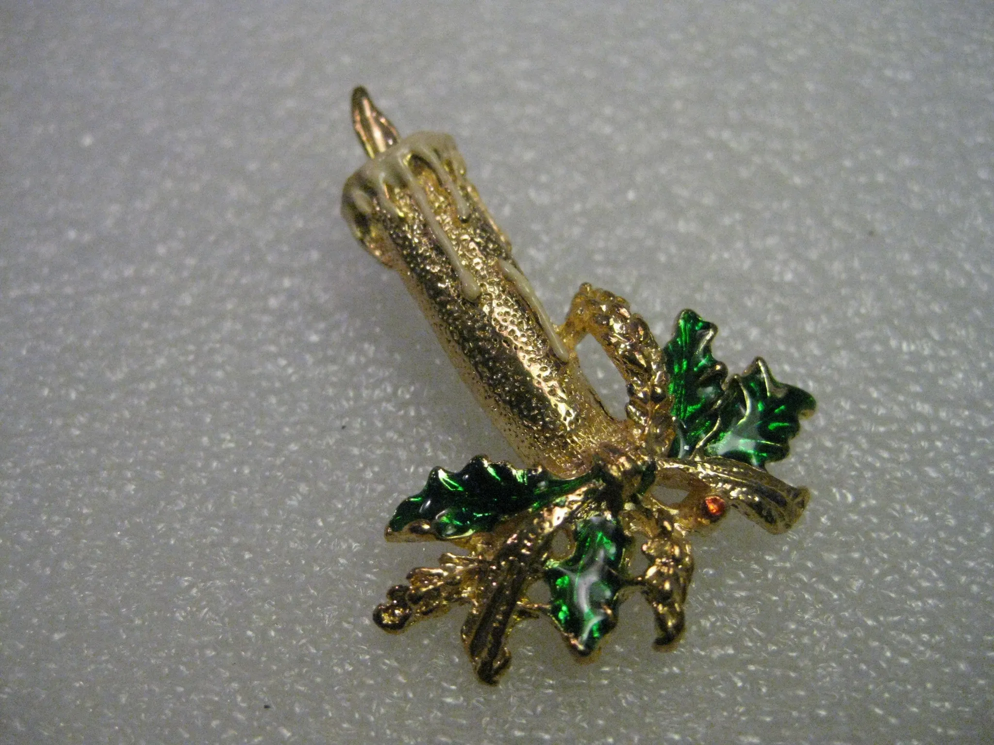 Vintage and Current, Christmas Candle with Flame Brooch , Green Holly