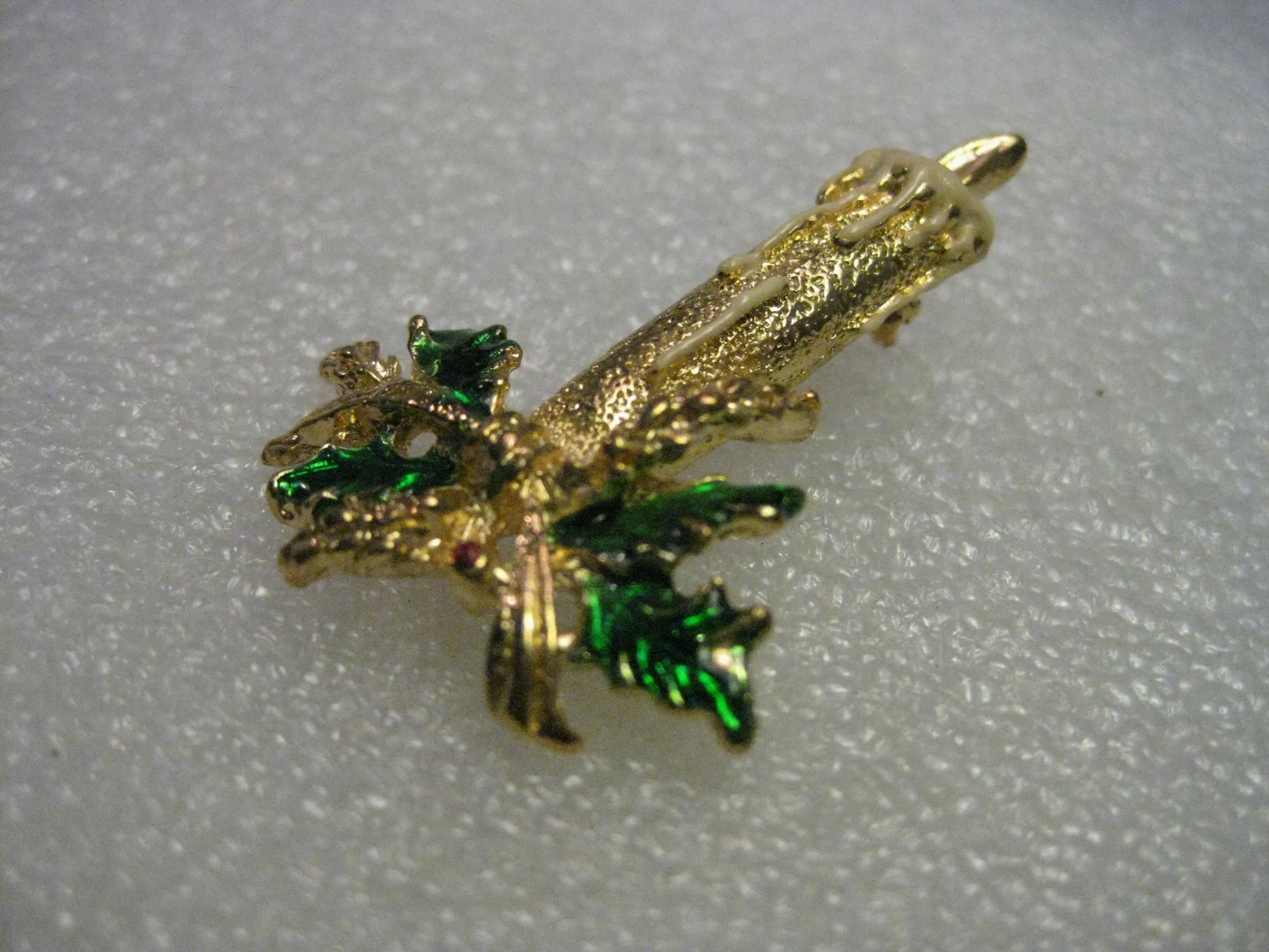 Vintage and Current, Christmas Candle with Flame Brooch , Green Holly